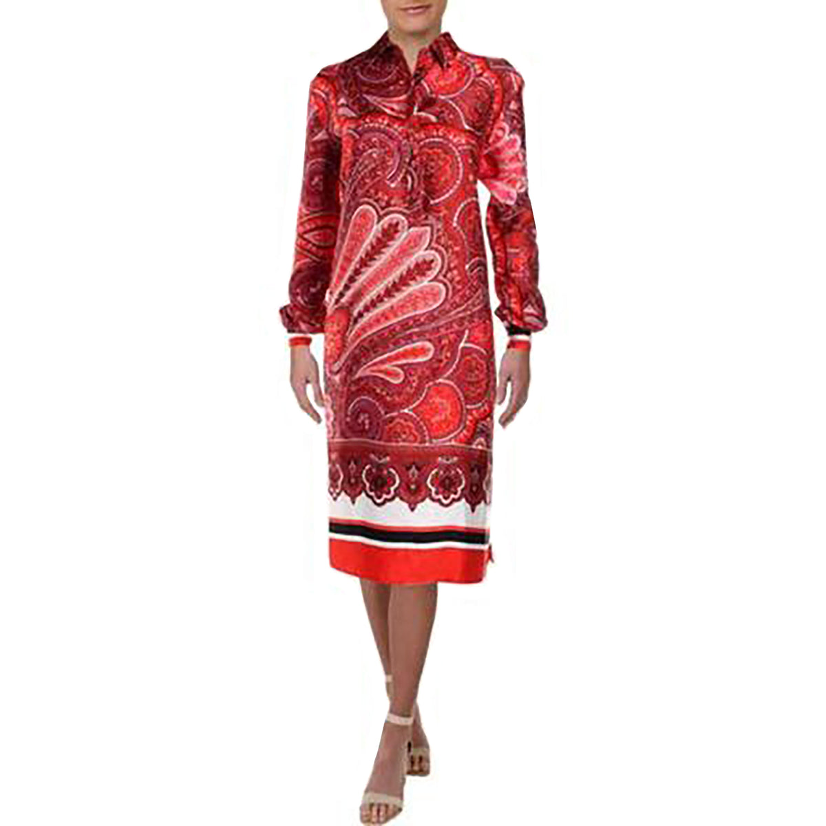 Ralph Lauren Womens Petites Satin Paisley Shirtdress Red 4P