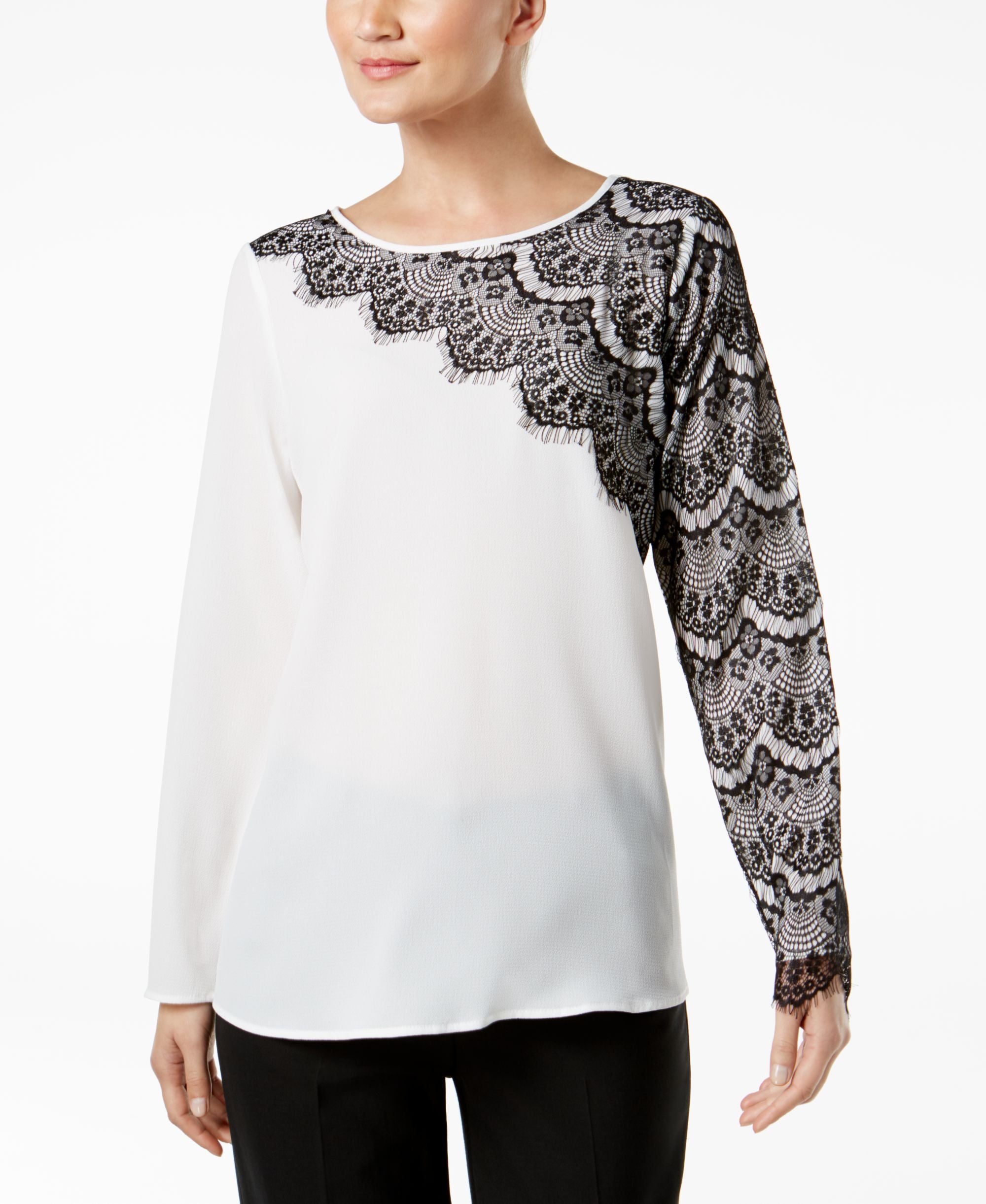 Cable Gauged Asymmetrical Lace Trim Top