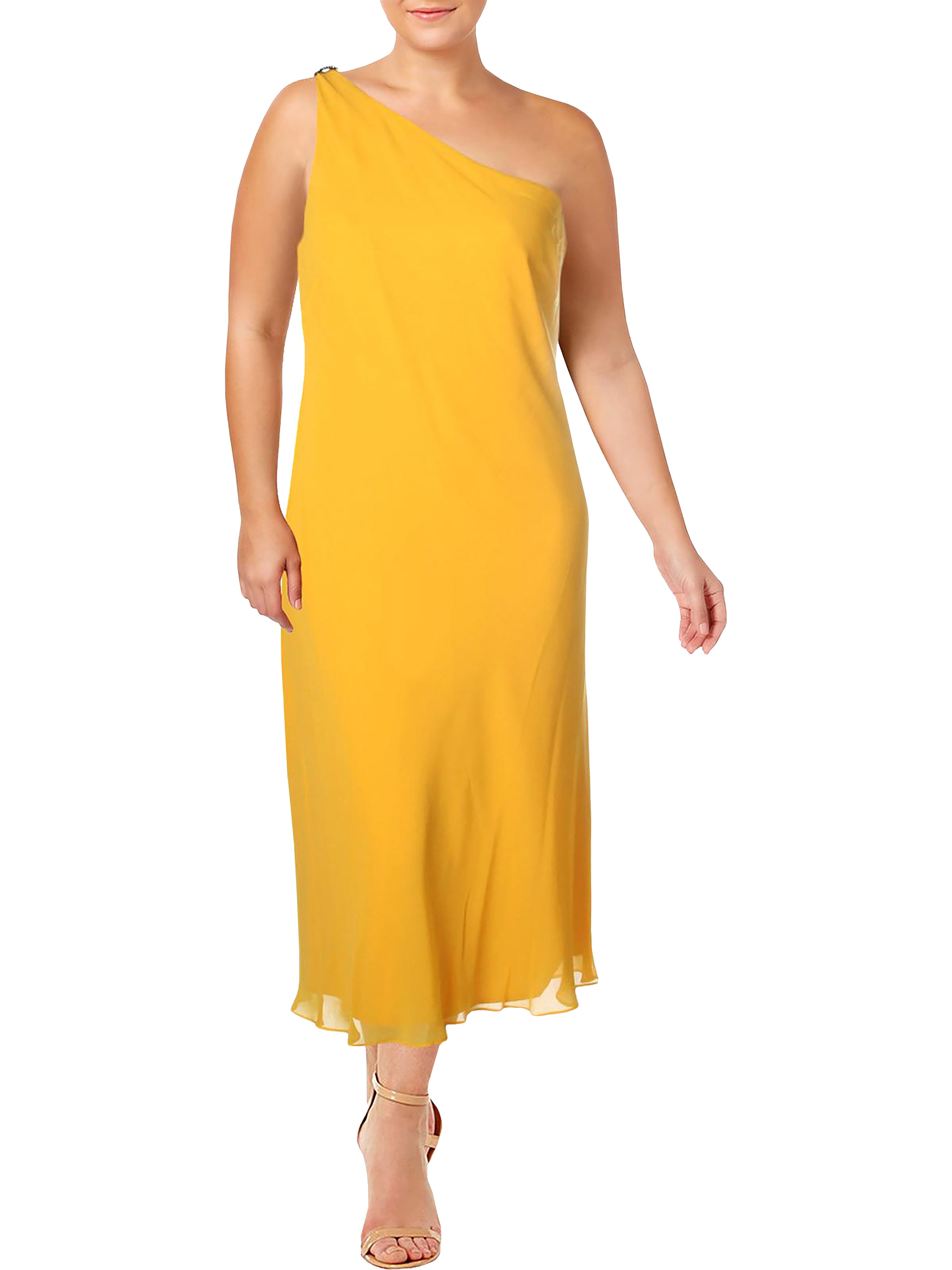 Lauren Ralph Lauren Womens Dunbar One Shoulder Embellished Evening Dress Gold Marigold 16