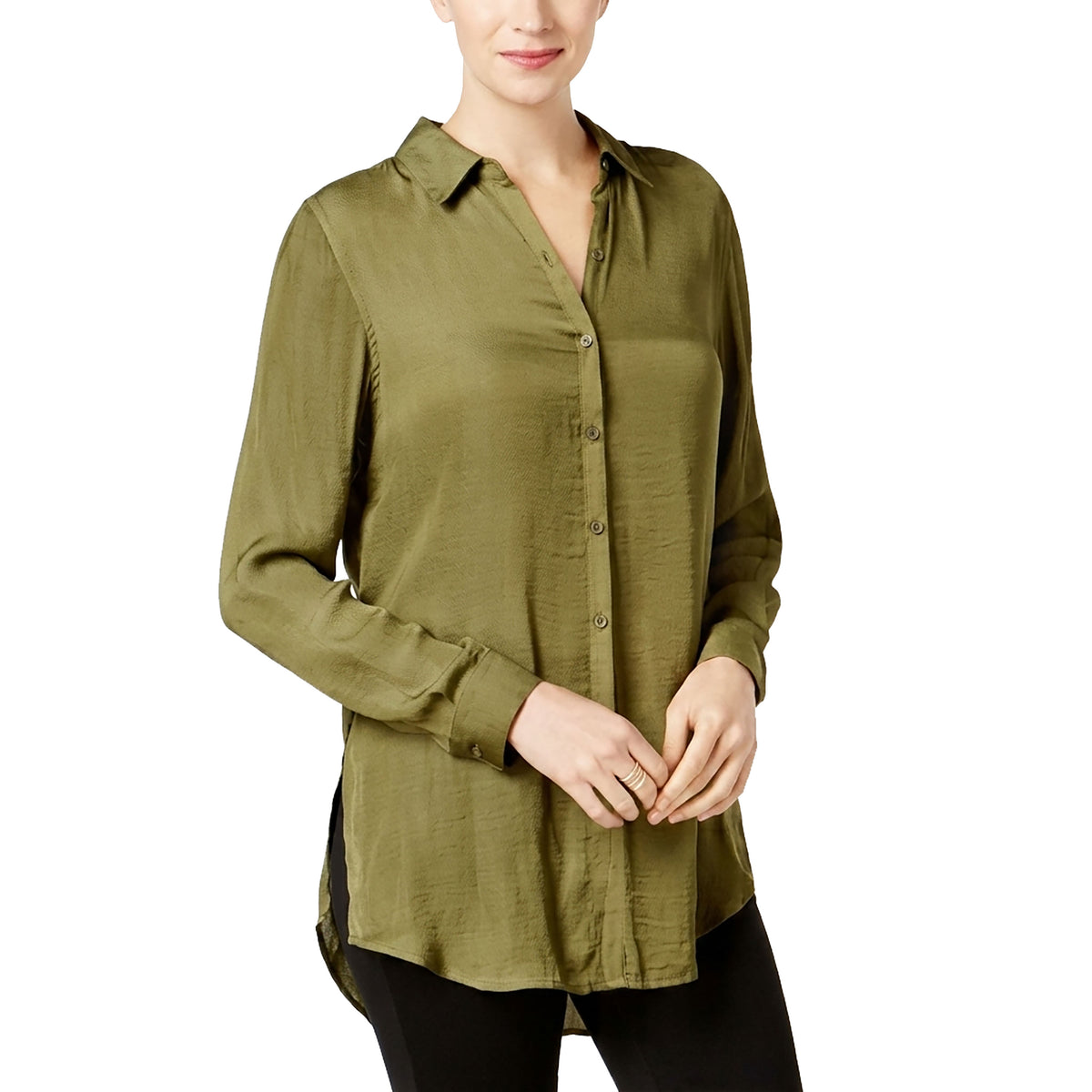 Olivia & Grace Womens Satin Embroidered Button-Down Top Winter Moss S