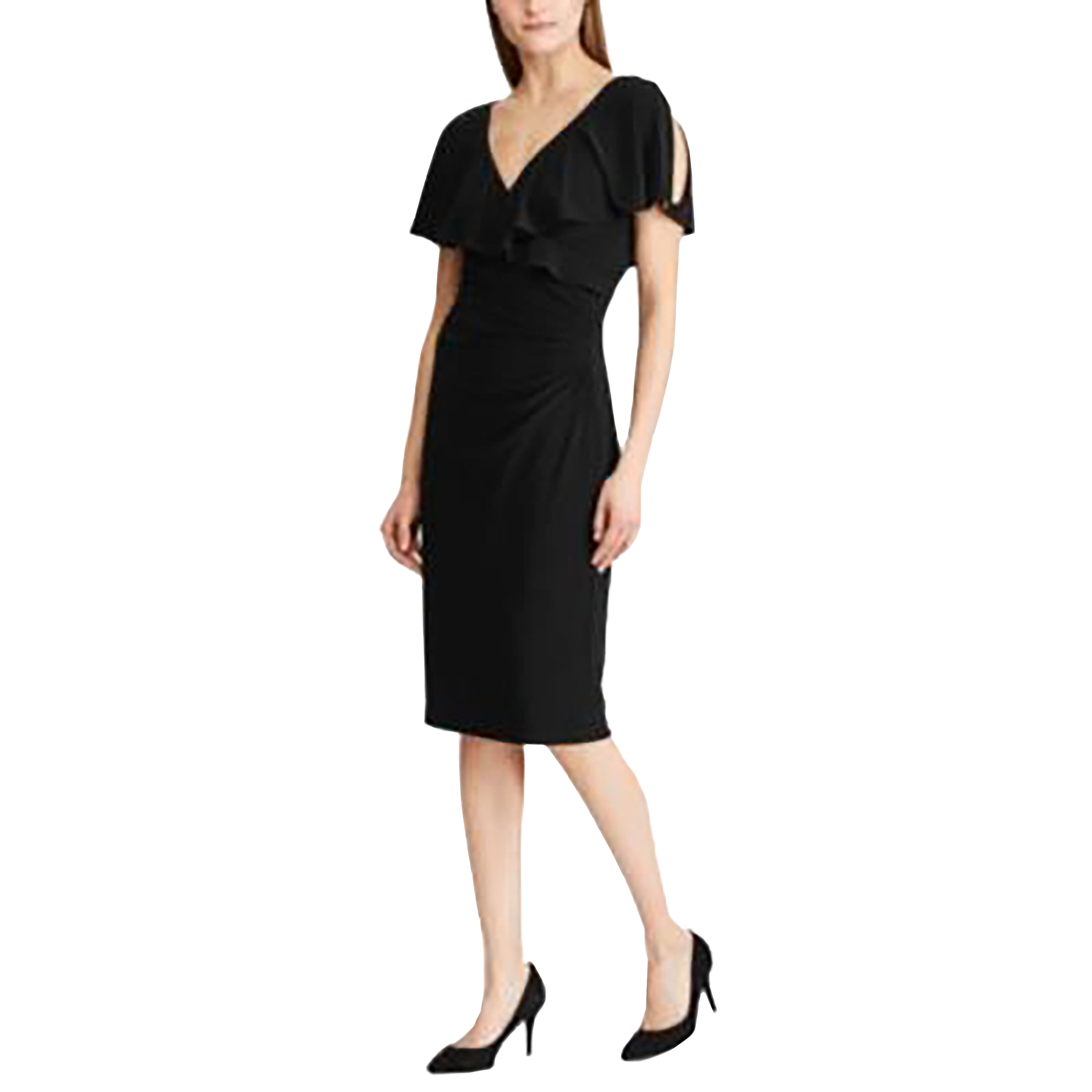 Ralph Lauren Womens  Ruffled Cold Shoulder Short Sleeve V Neck Below the Knee Wear to Work Sheath Dress Black2
