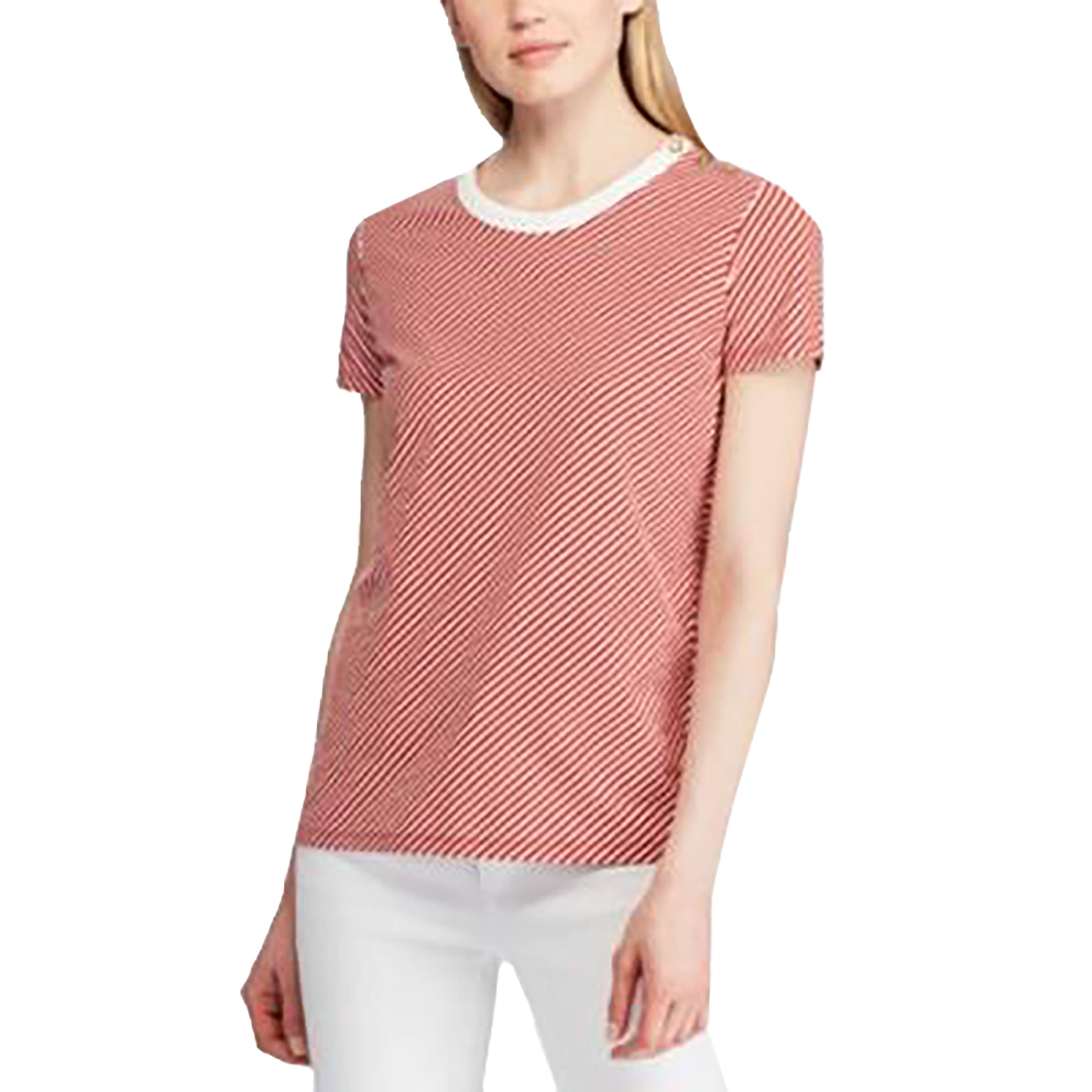 Lauren Ralph Lauren Stripe Print Button Shoulder Cotton T-Shirt