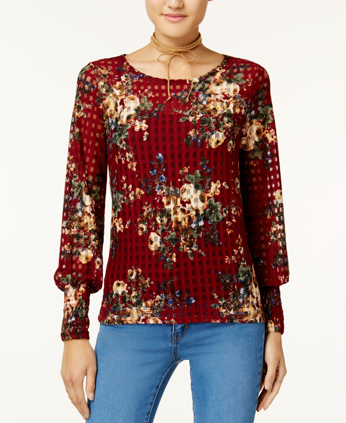 One Hart Juniors' Floral-Print Smocked Top