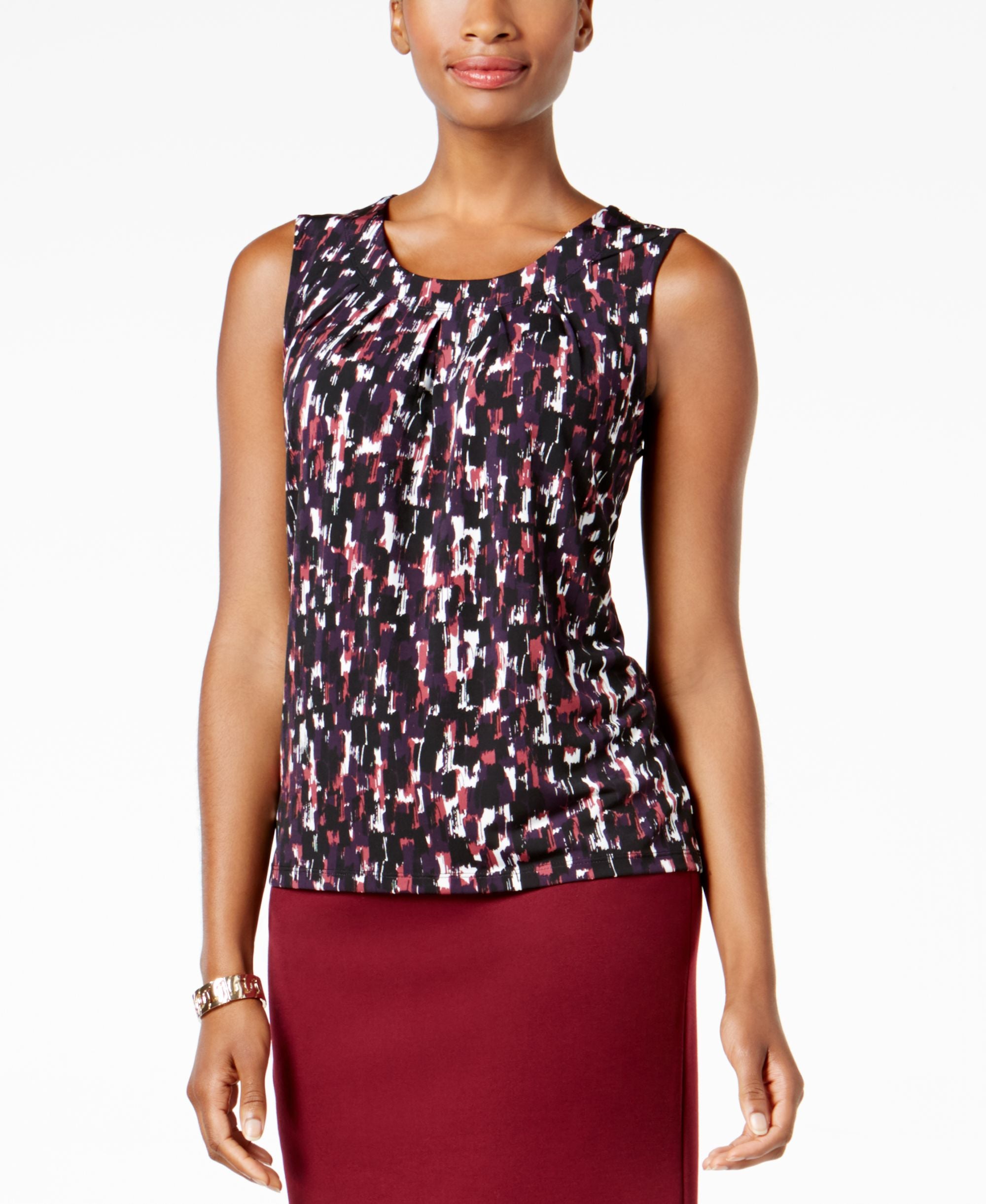 Kasper Topstitched Pleated Top