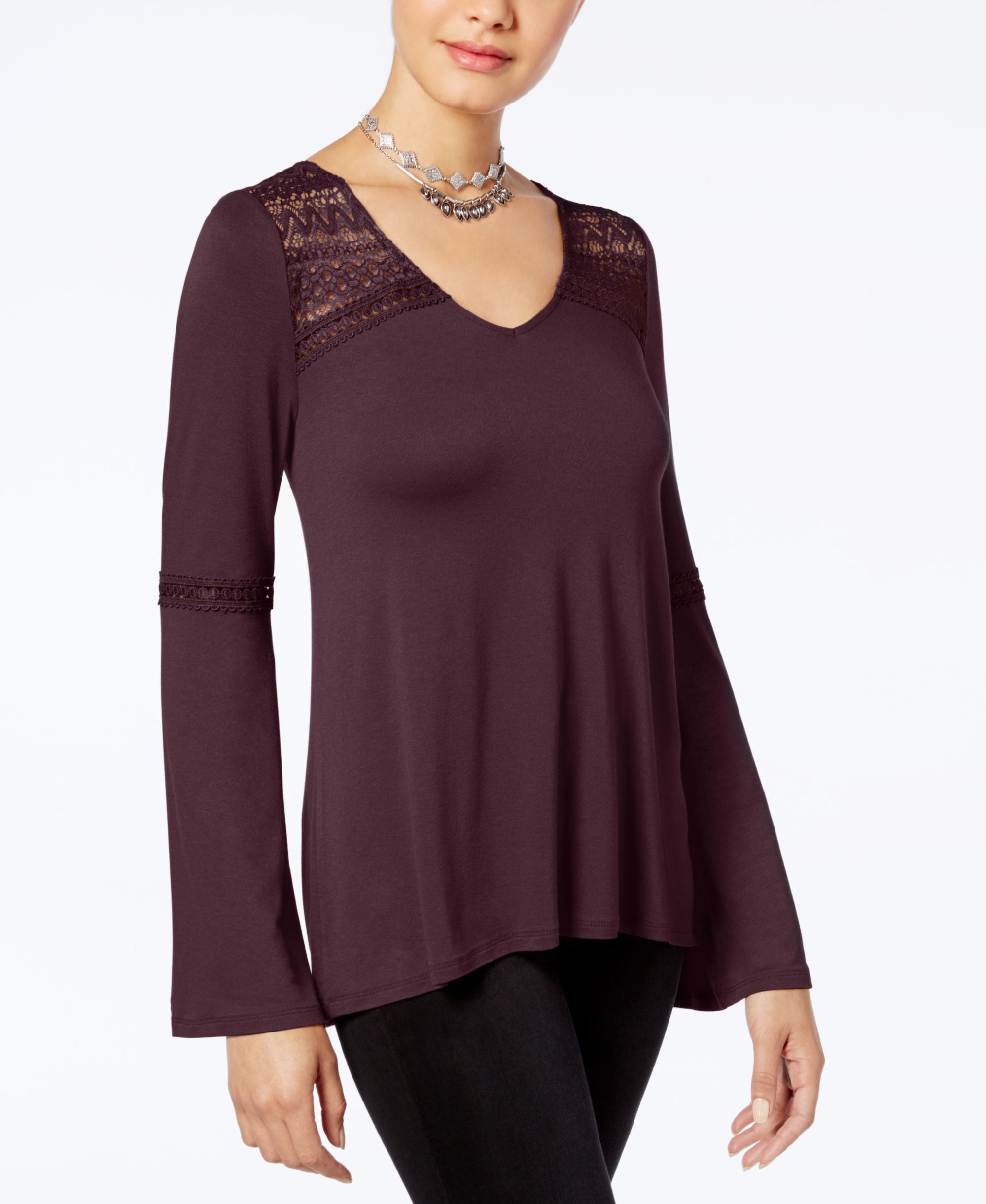 Hippie Rose Juniors Lace Trim Bell Sleeve Top