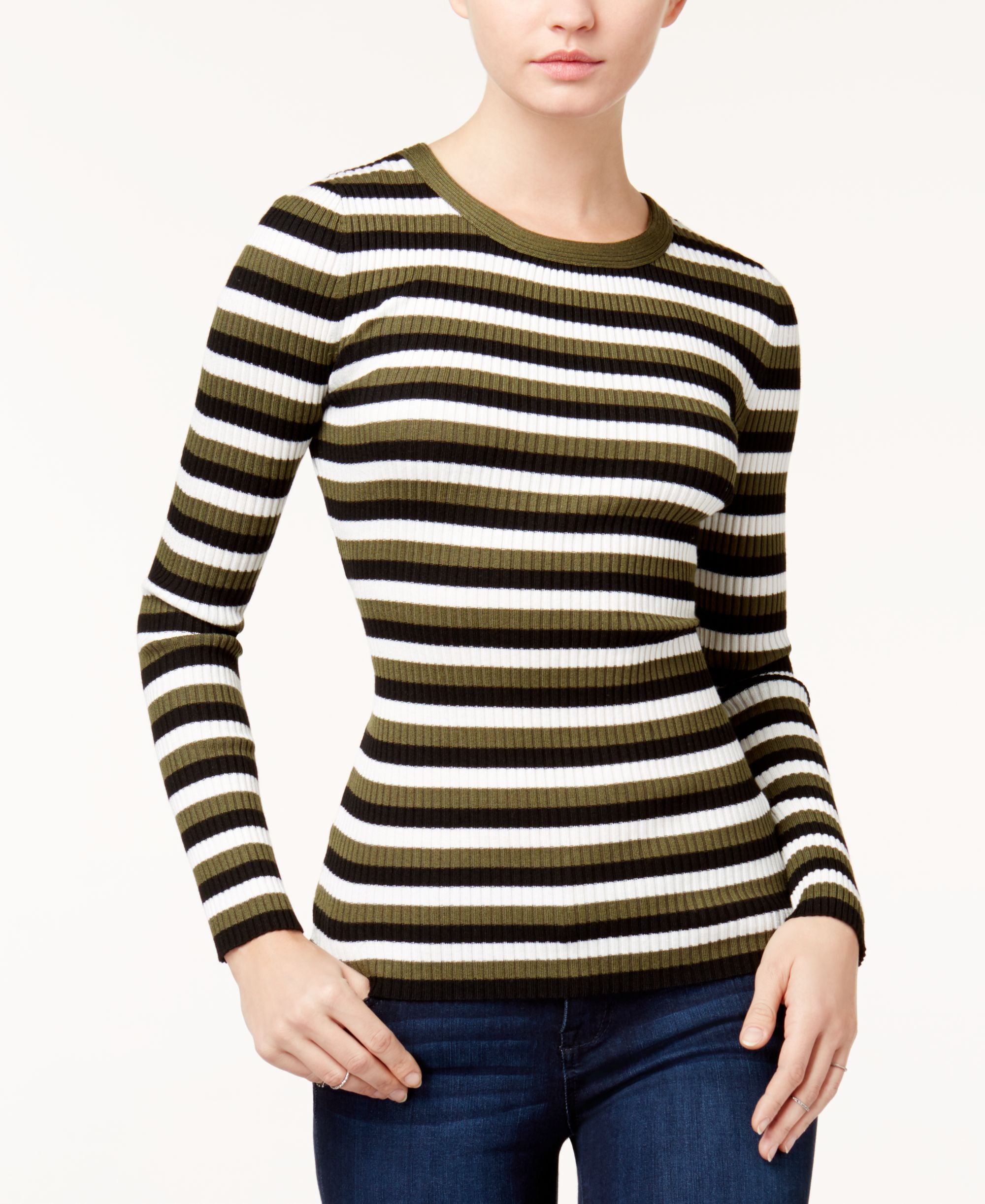 Hooked Up By Iot Juniors Zip Back Striped Sweater