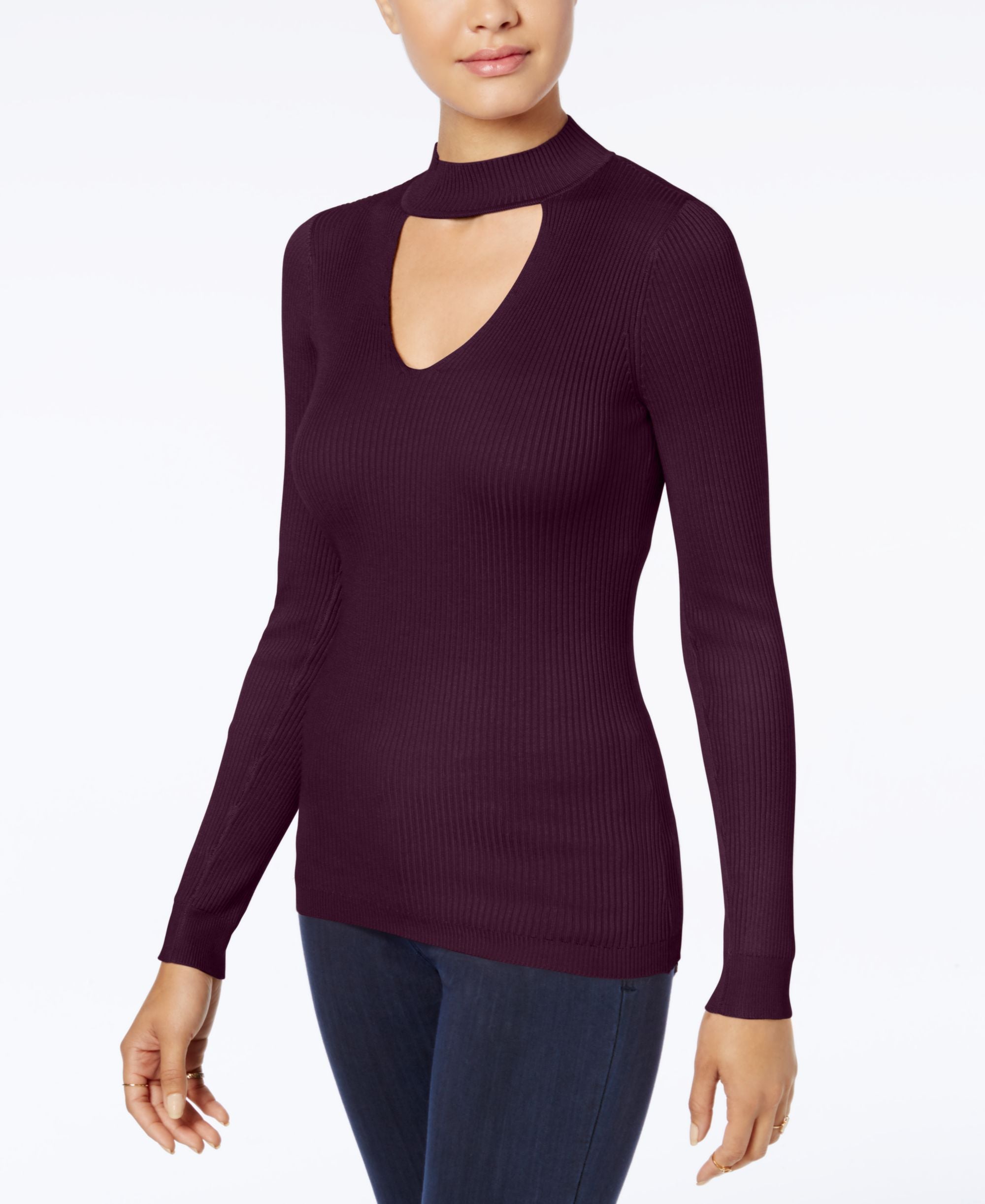 Hippie Rose Juniors Mock Neck Cutout Rib Knit Sweater