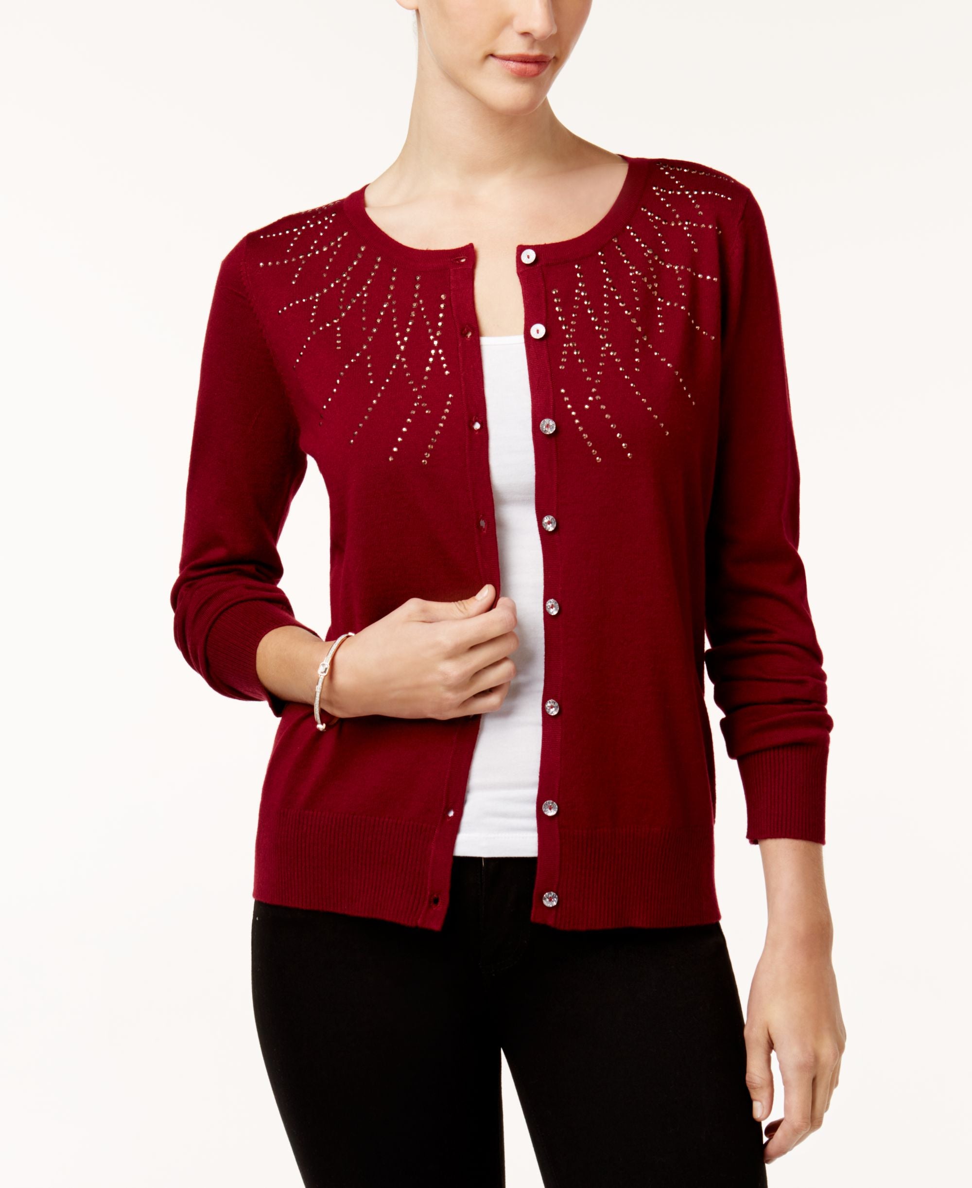 Karen Scott Studded Long Sleeve Cardigan