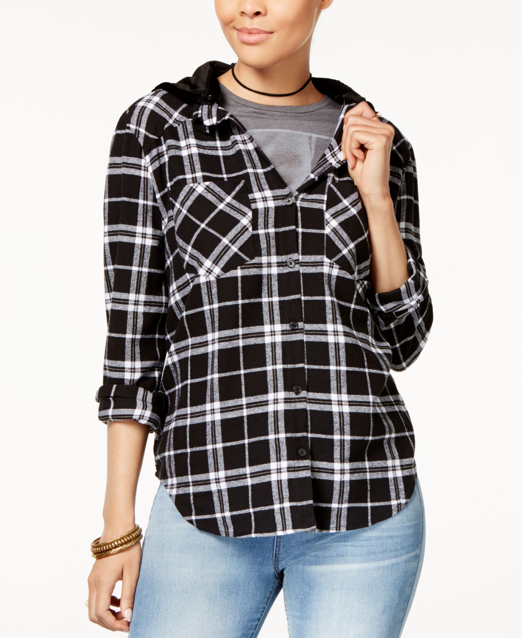 7 Sisters Juniors Velvet Hood Plaid Shirt