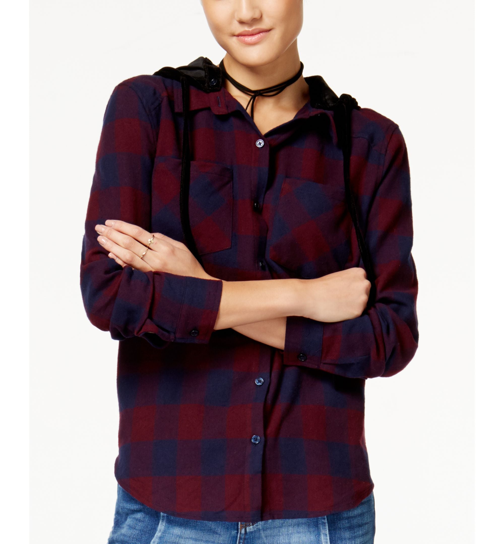 7 Sisters Juniors Velvet Hood Plaid Shirt