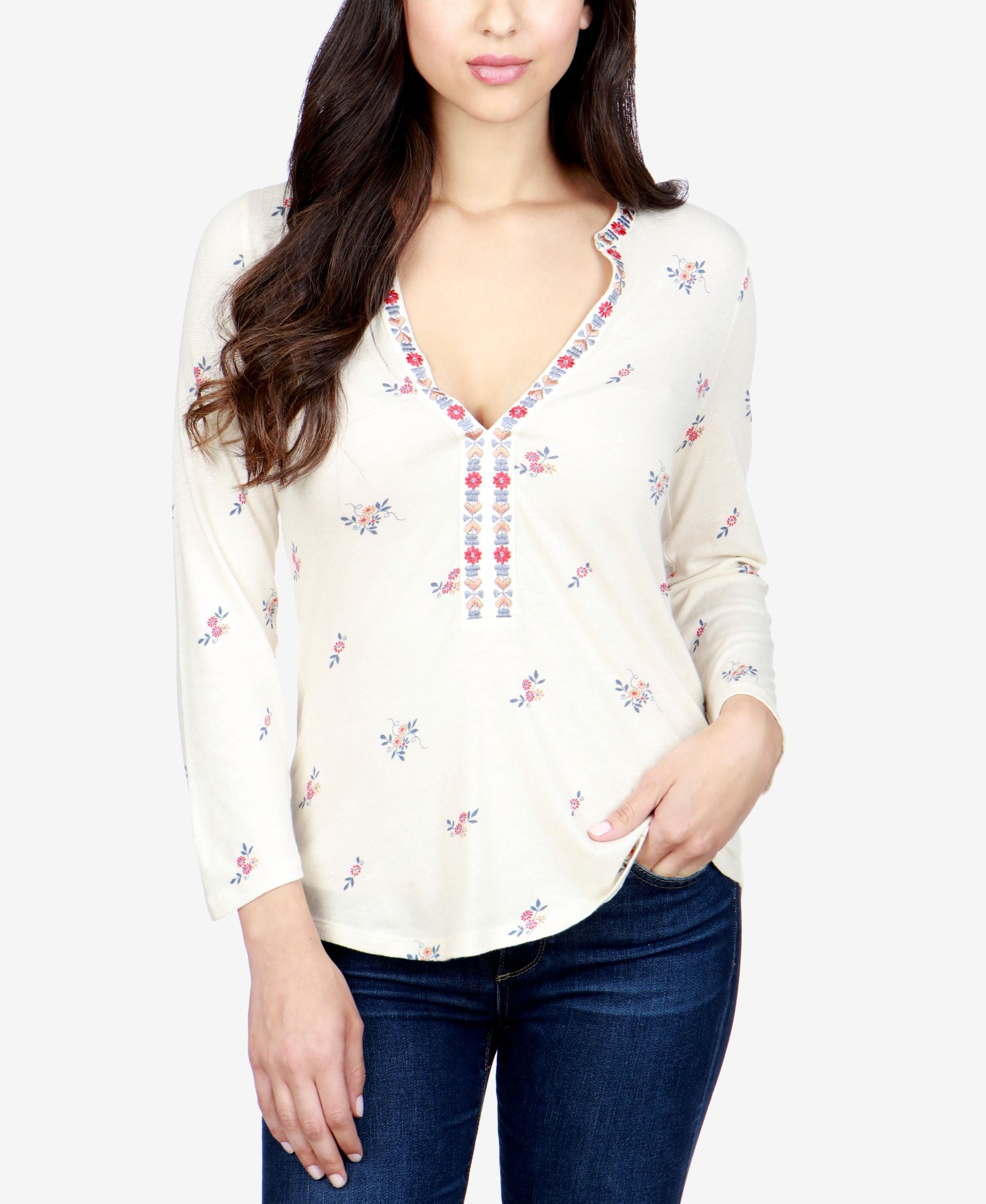 Lucky Brand Printed Embroidered Top