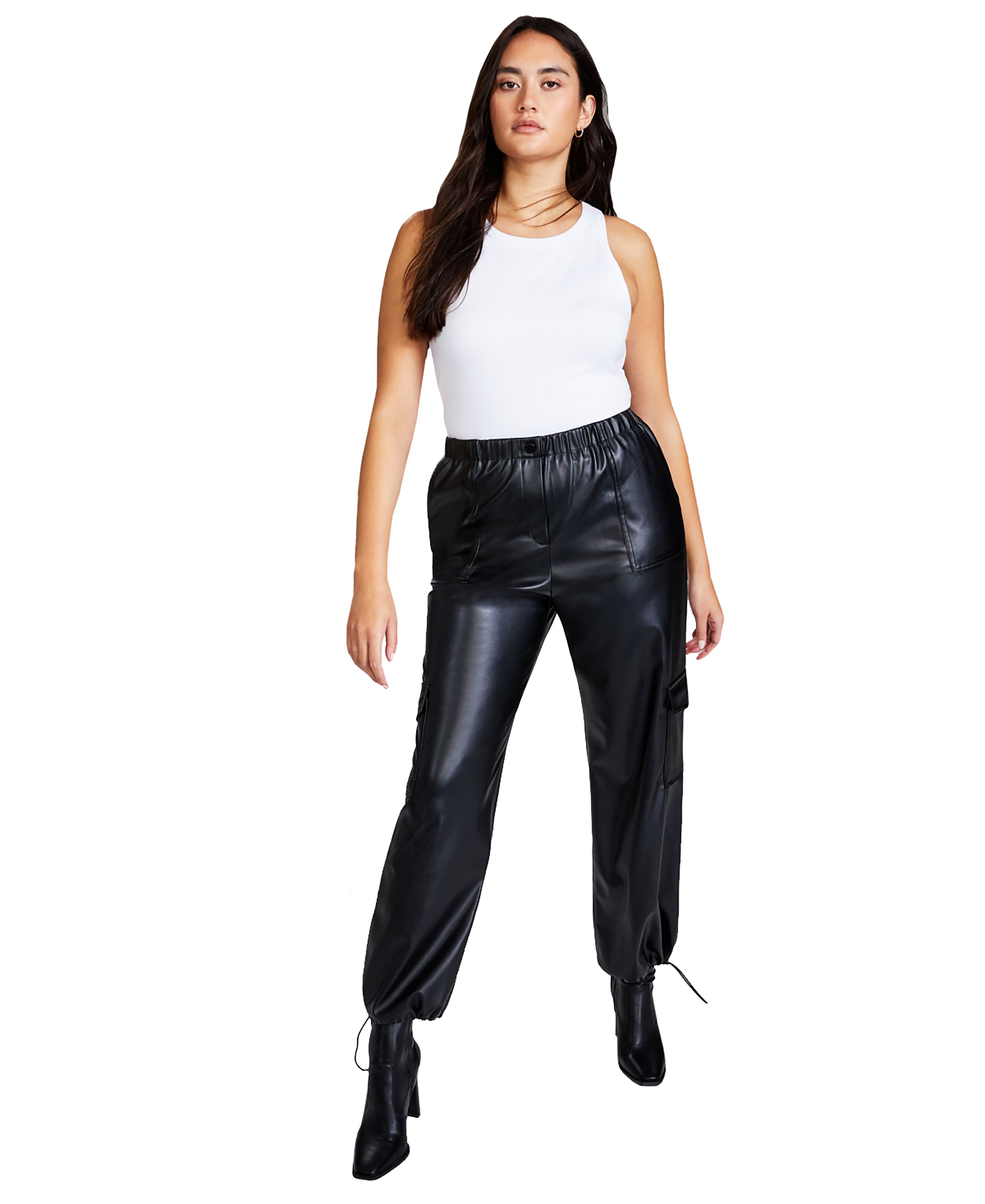 Women's High Rise Faux Leather Cargo Pants
