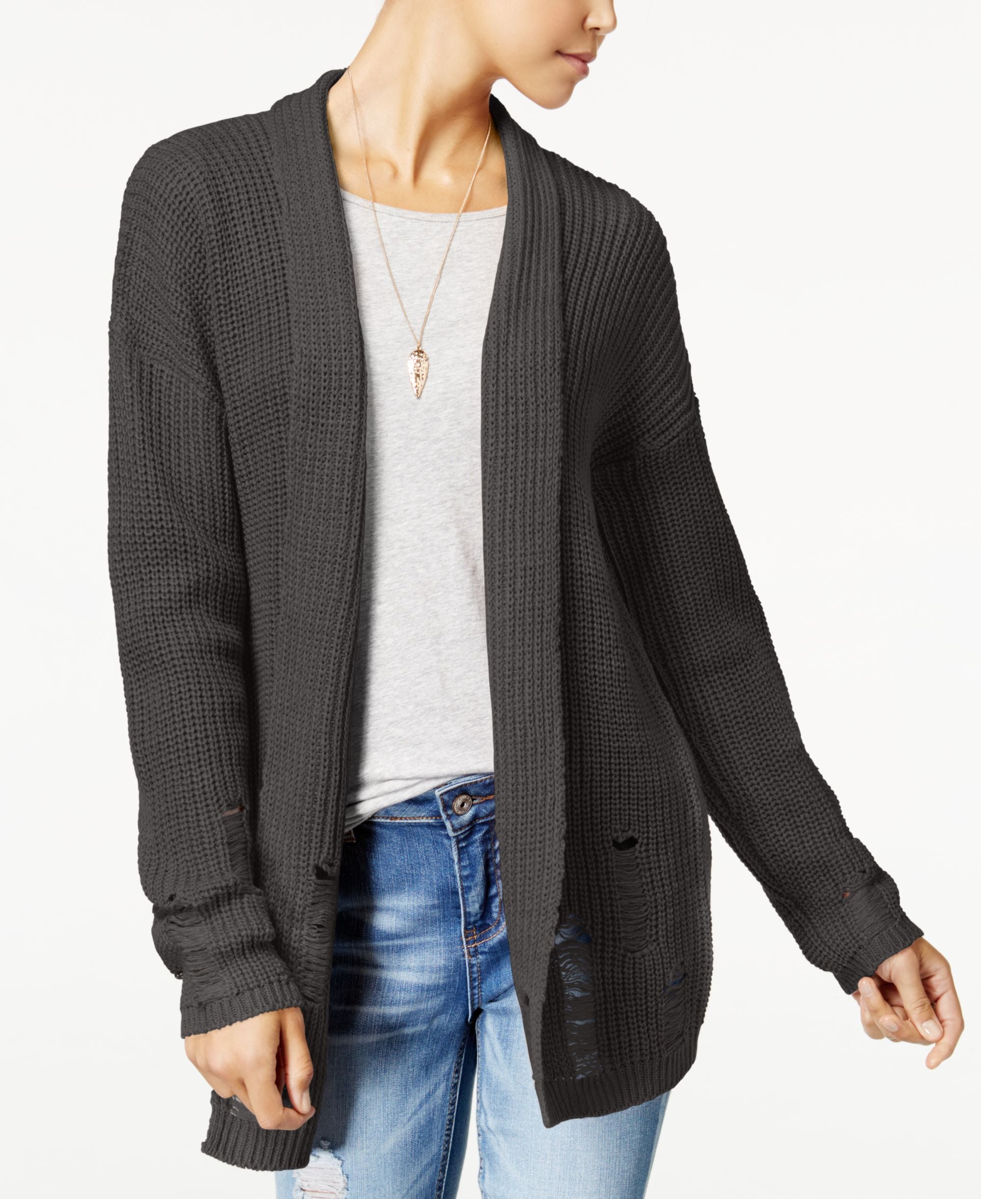 Polly Esther Juniors Ripped Shawl Collar Cardigan