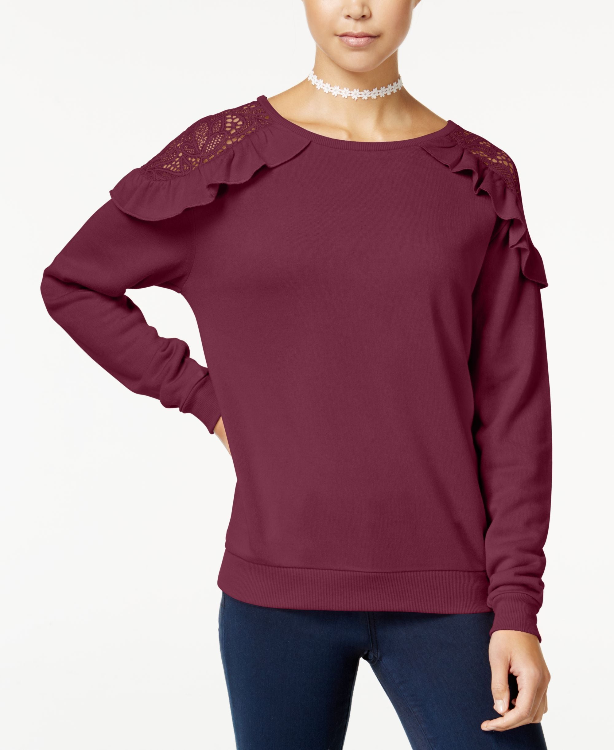 Self Esteem Juniors Ruffled Lace Trim Cold Shoulder Sweatshirt