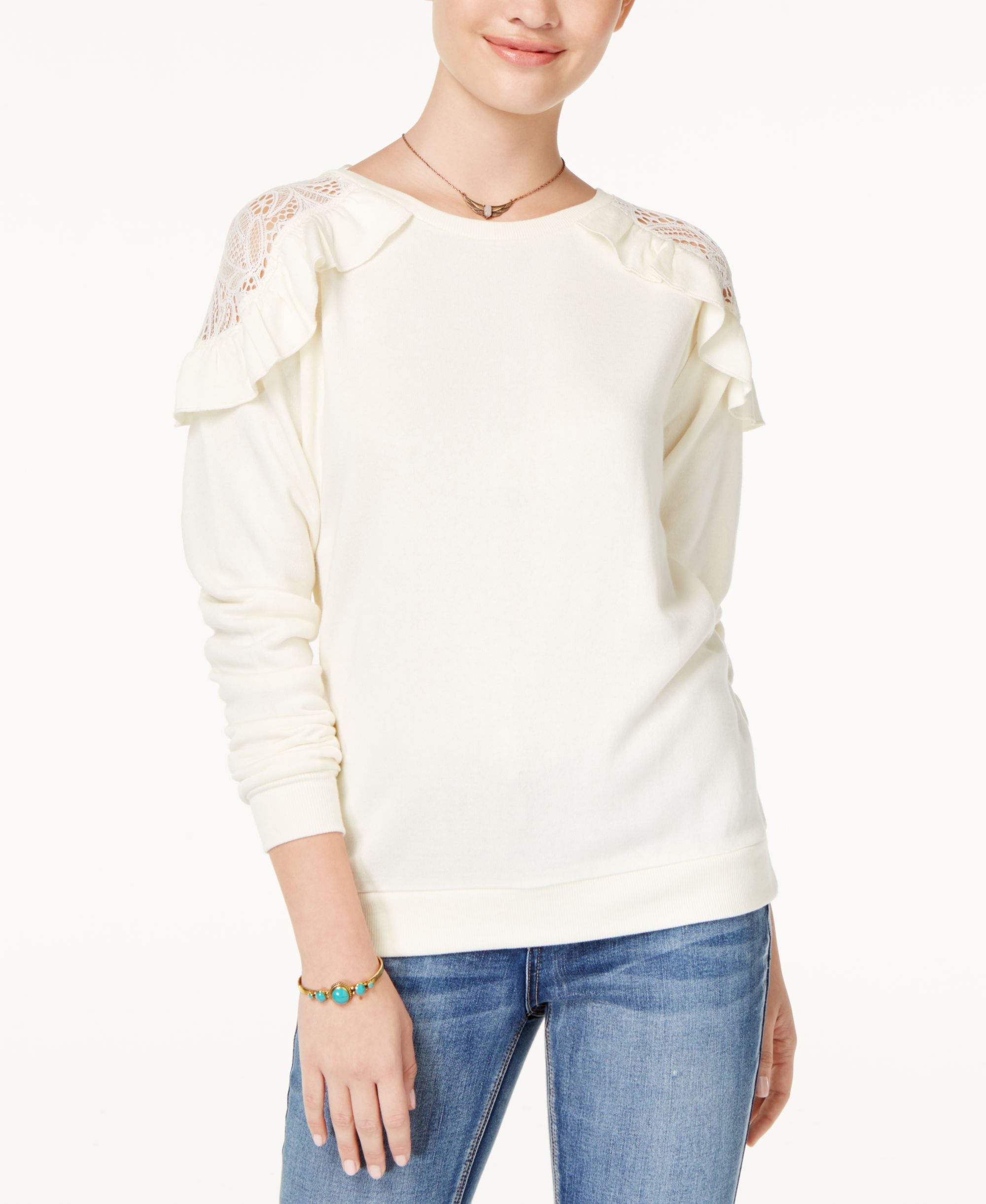 Self Esteem Juniors Ruffled Lace Trim Cold Shoulder Sweatshirt