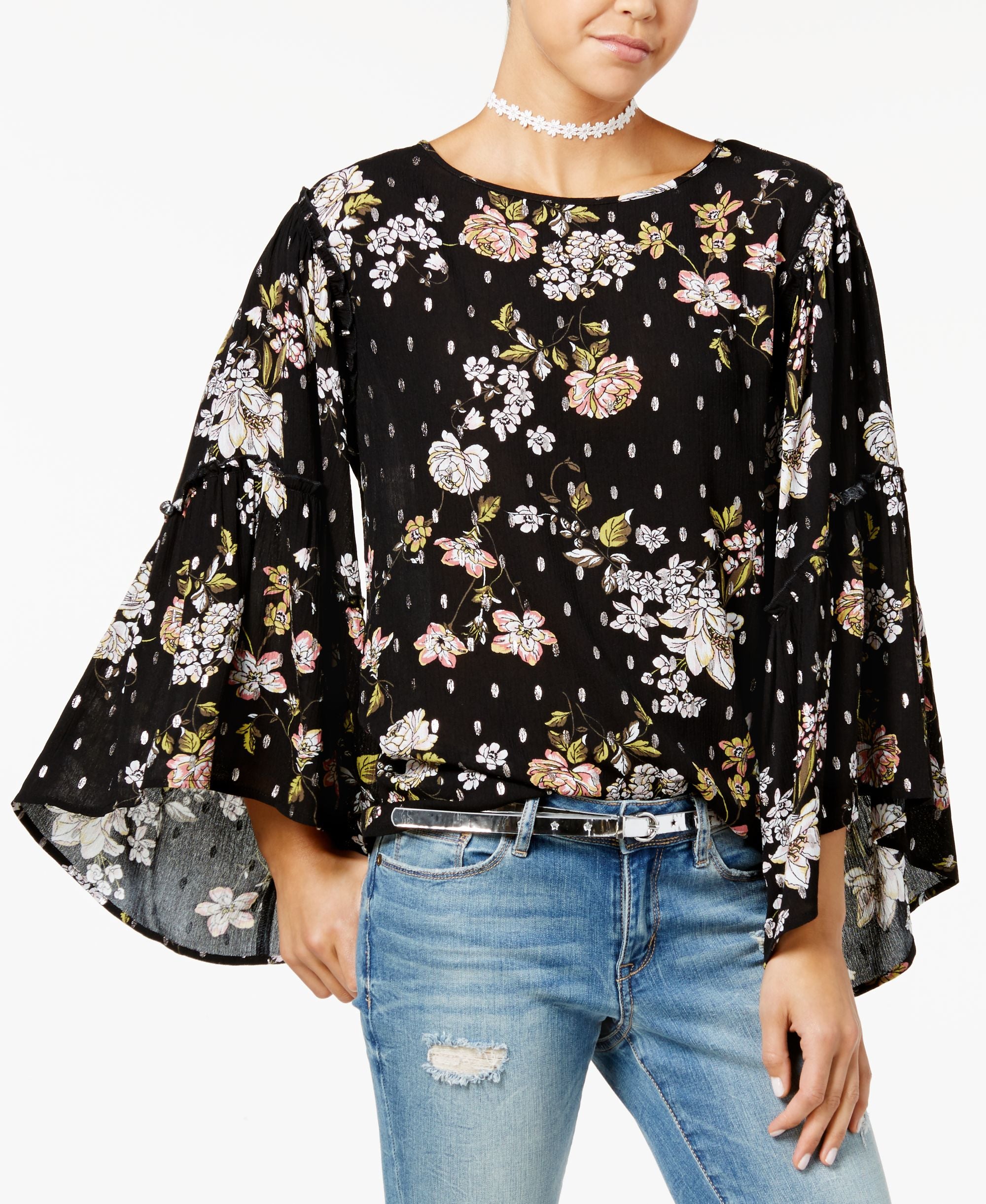 Gypsies Moondust Juniors Printed Ruffle Sleeve Top