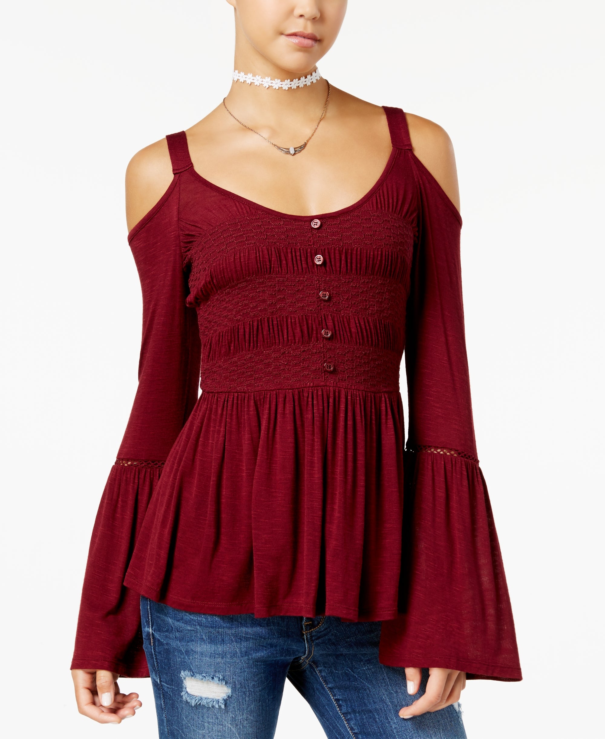 Juniors' Cold-Shoulder Bell-Sleeve Top