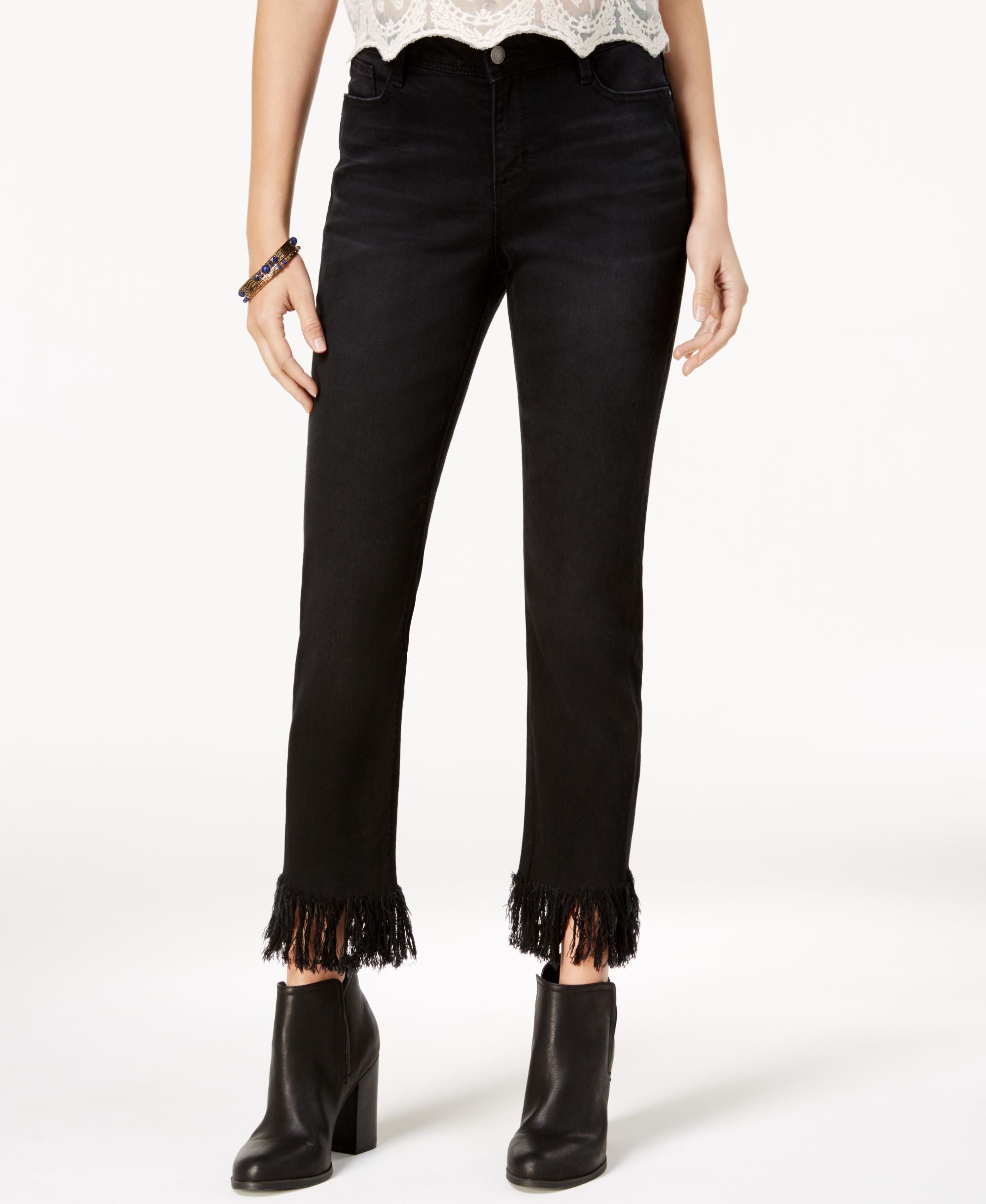 Black Daisy Juniors Frayed Hem Straight Leg Jeans