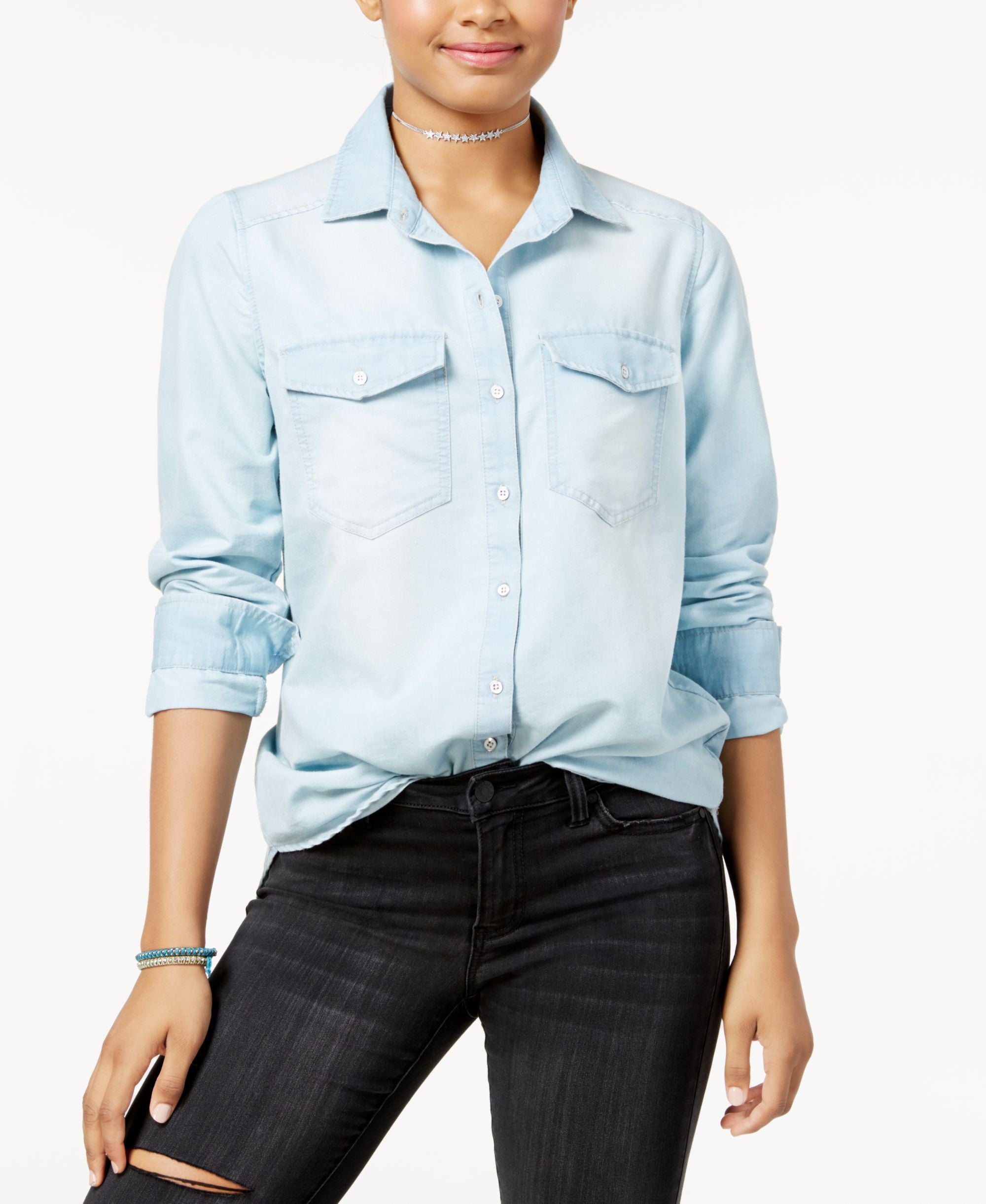 Polly Esther Juniors Cotton Embroidered Denim Shirt