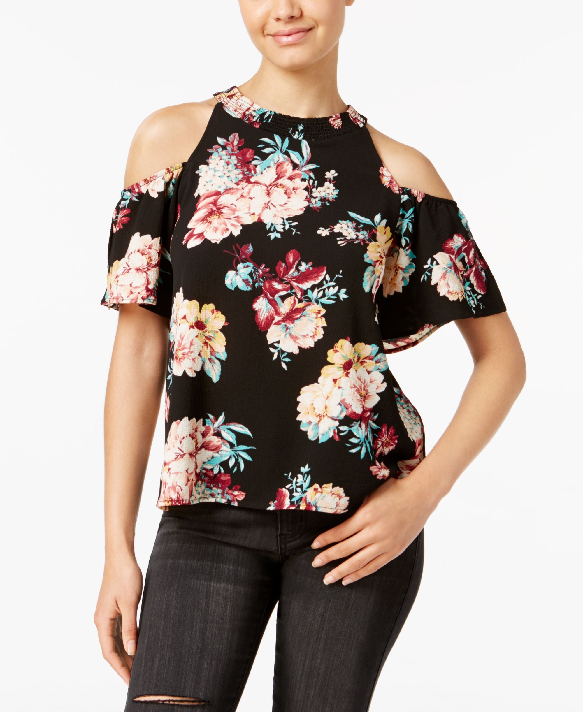 Lily Black Juniors Printed Cold Shoulder Top