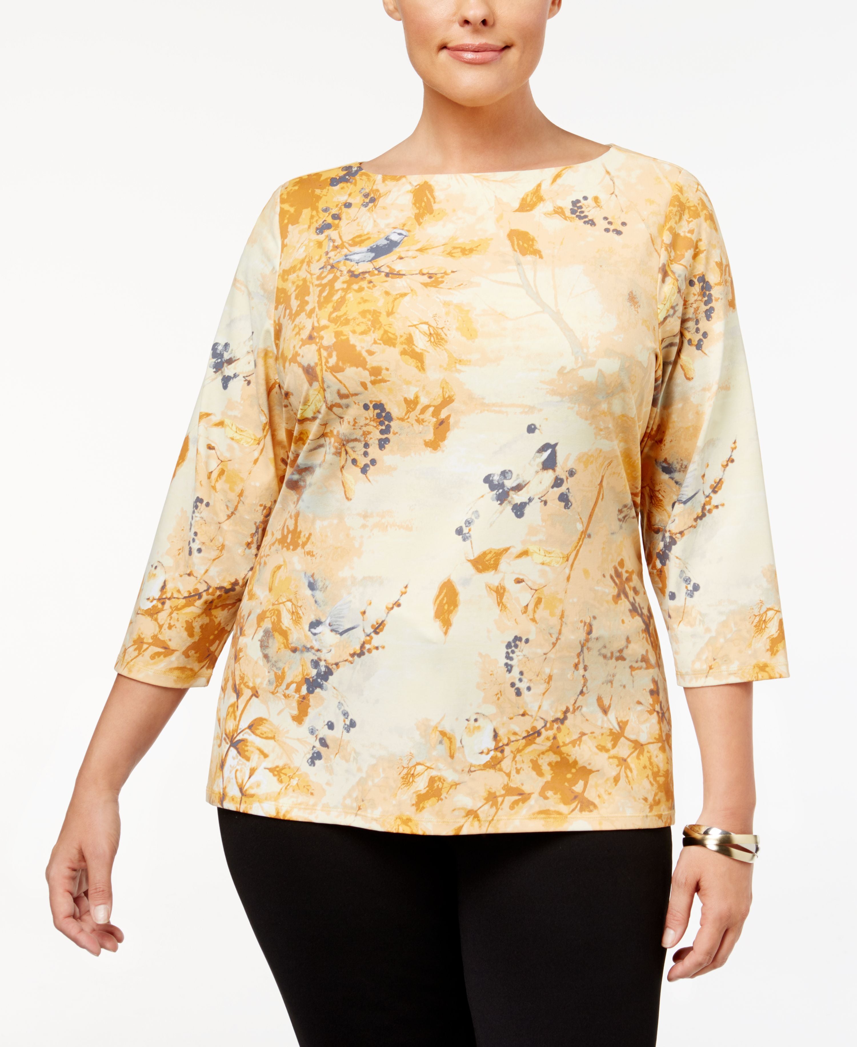 Charter Club Women's Plus Size Printed Boat-Neck Top Sahara Gold Combo 0X