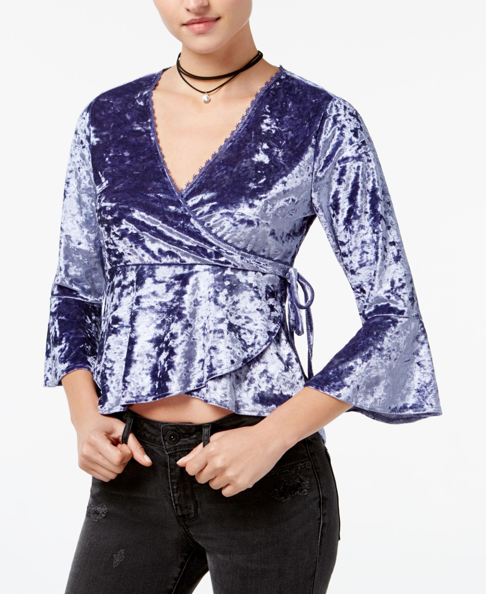 Juniors' Velvet Wrap Top