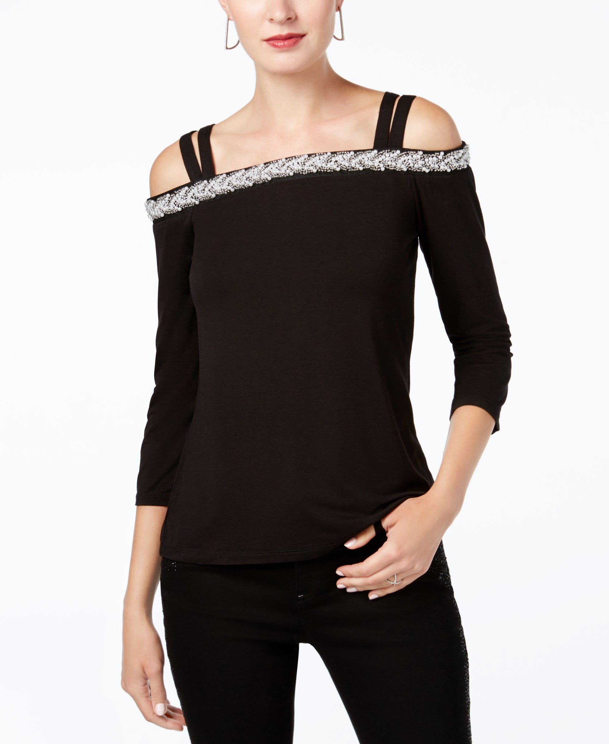 INC International Concepts Embellished Cold-Shoulder Top