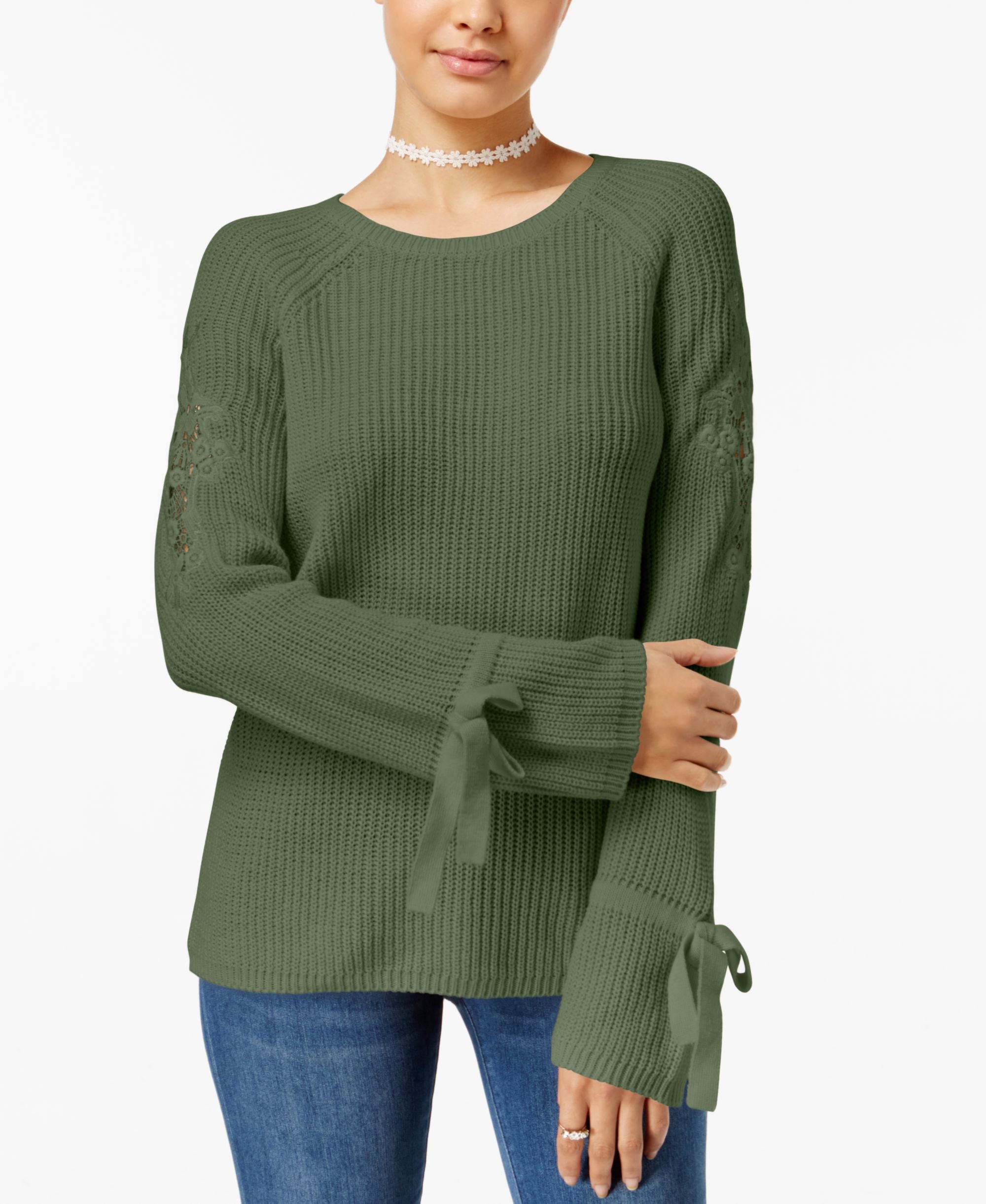 Freshman Juniors' Ribbed Lace-Inset Sweater