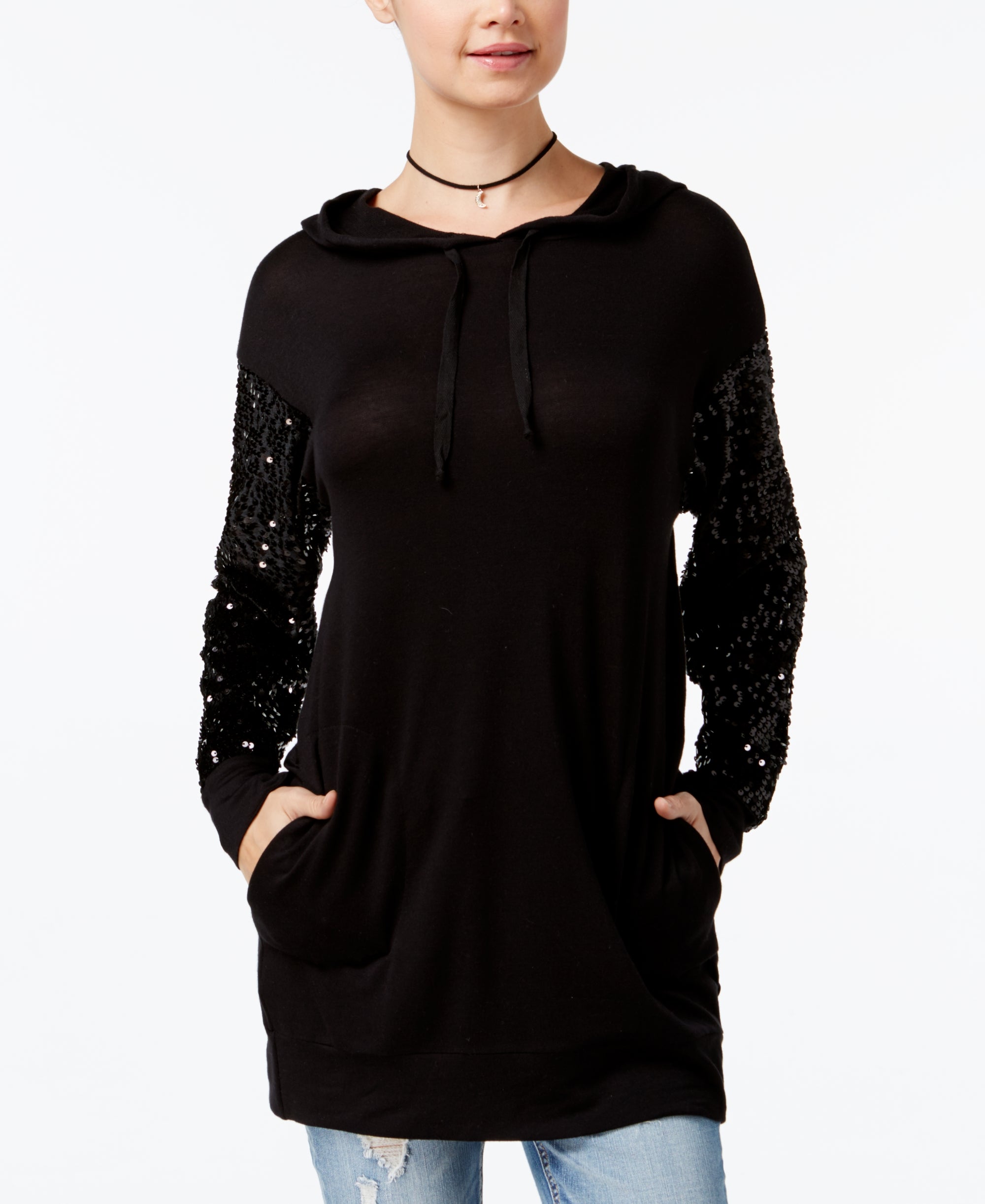 Gypsies & Moondust Juniors' Sequin-Sleeve Hoodie