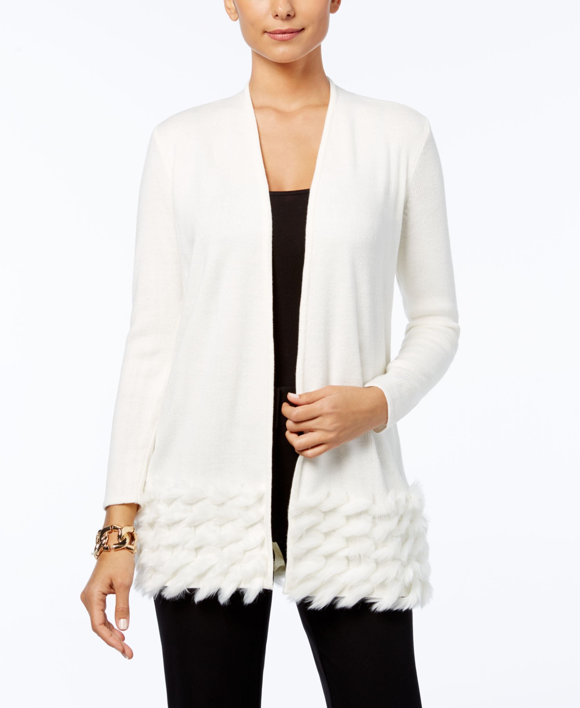 Alfani Petite Faux Fur Trim Cardigan