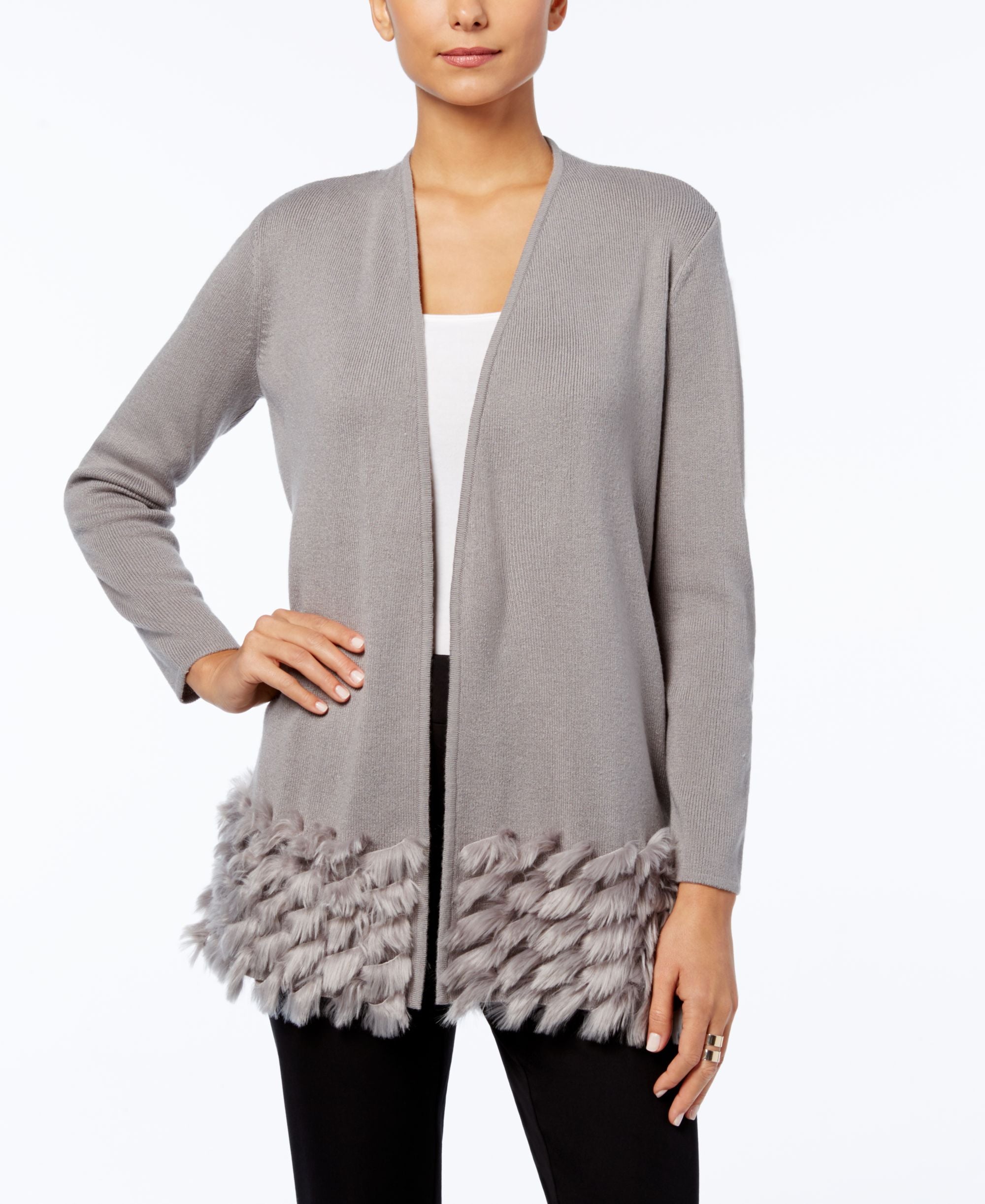 Alfani Petite Faux Fur Trim Cardigan