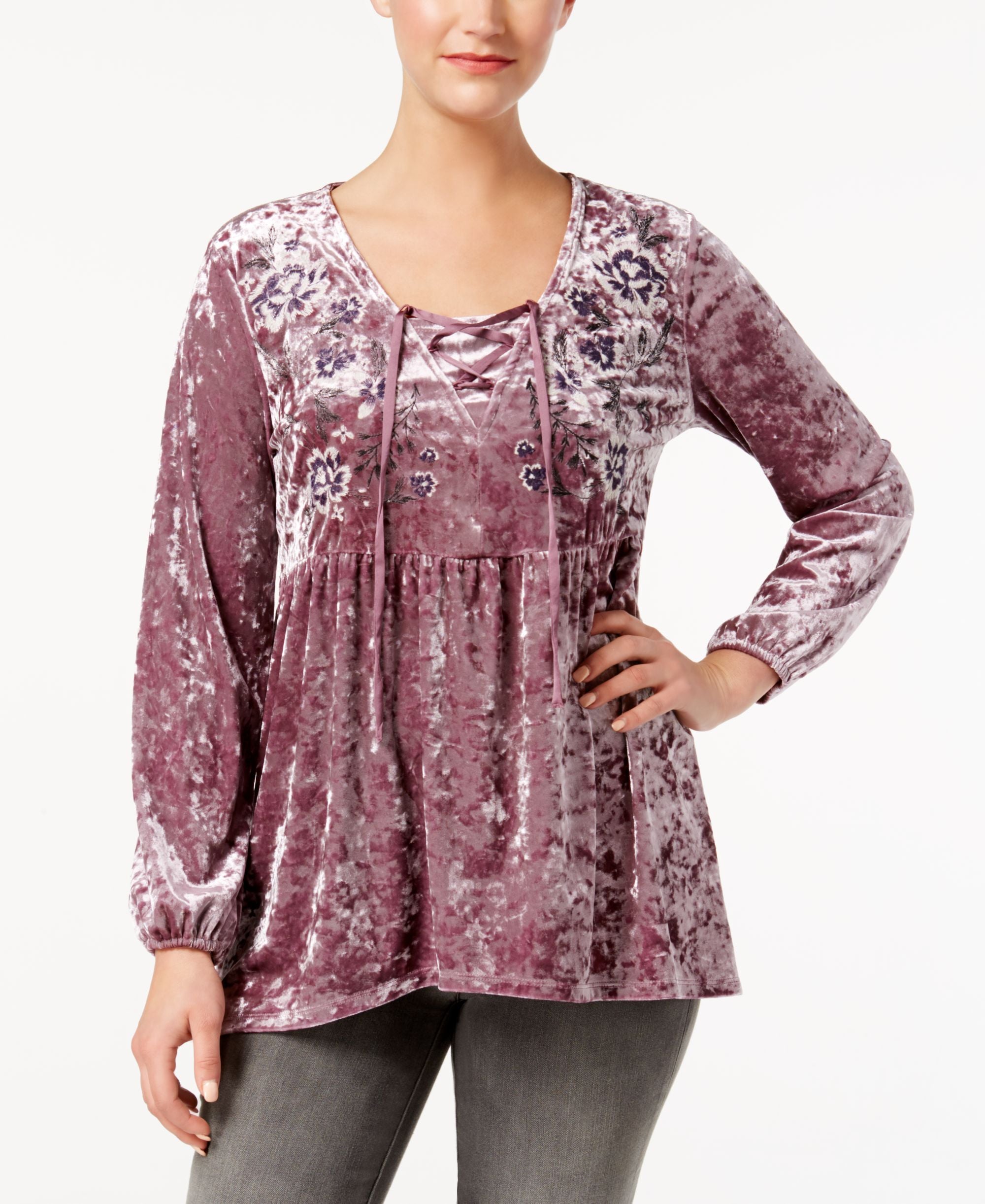Style & Co Petite Lace Up Embroidered Top