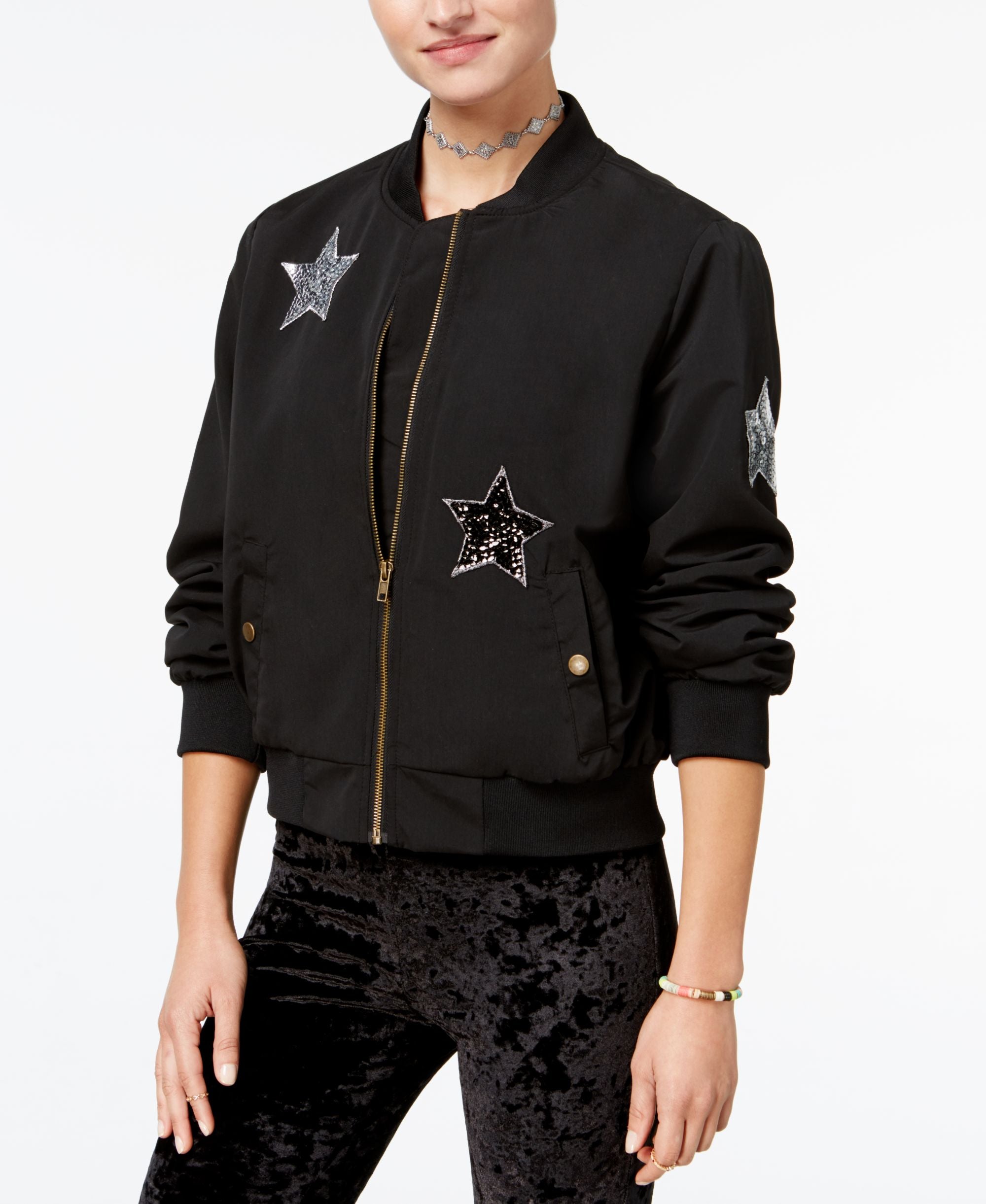 Hippie Rose Juniors Sequinned Patch Bomber Jacket