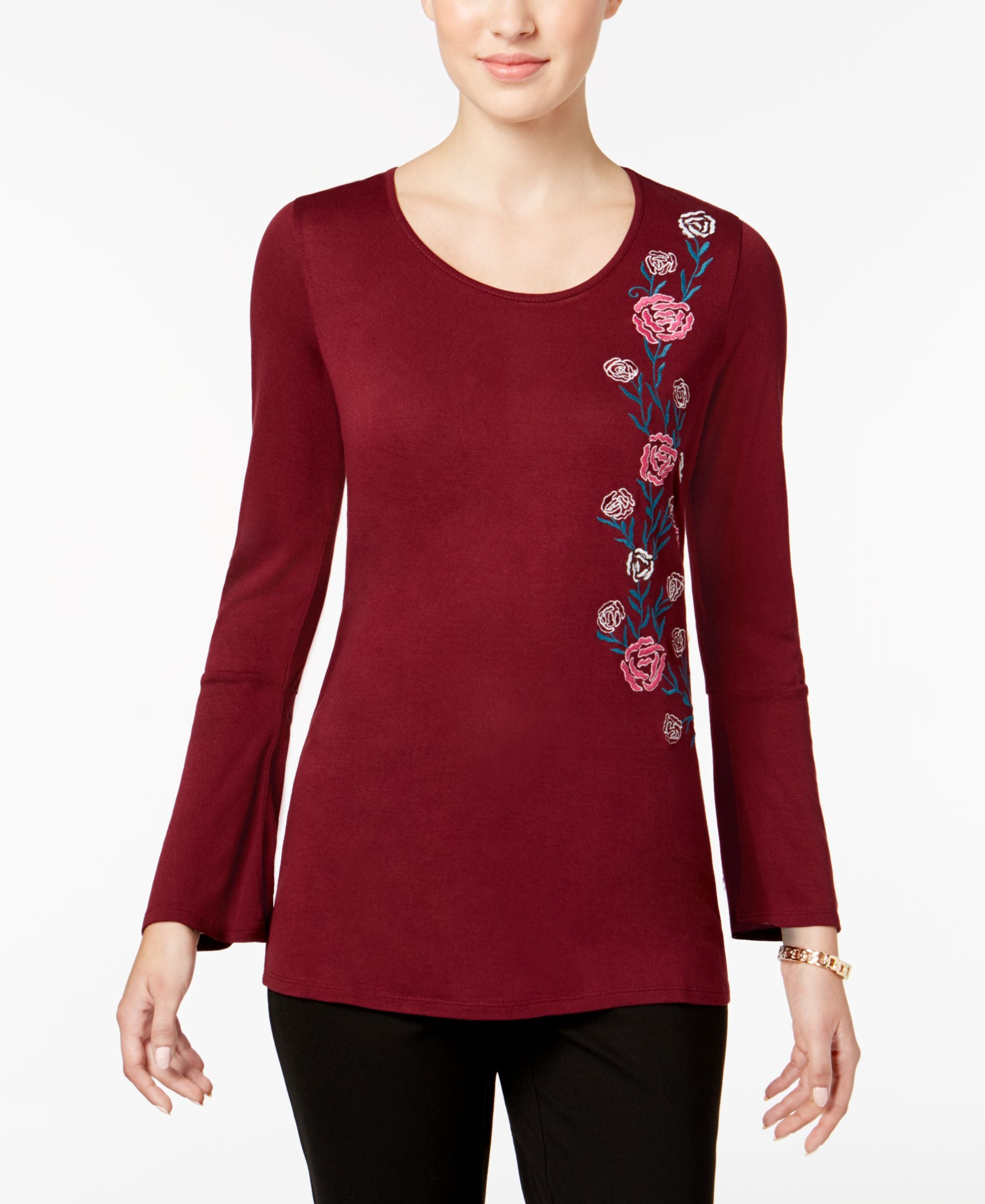 NY Collection Bell Sleeve Embroidered Top