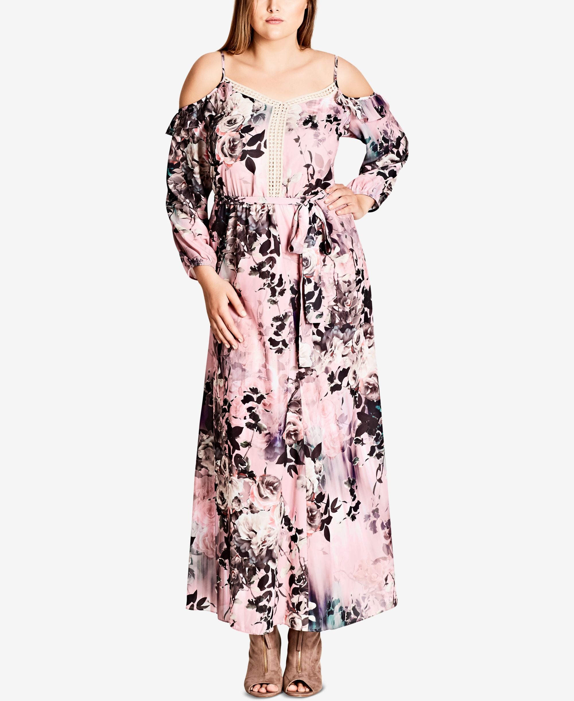 City Chic Trendy Plus Size Printed Cold Shoulder Maxi Dress