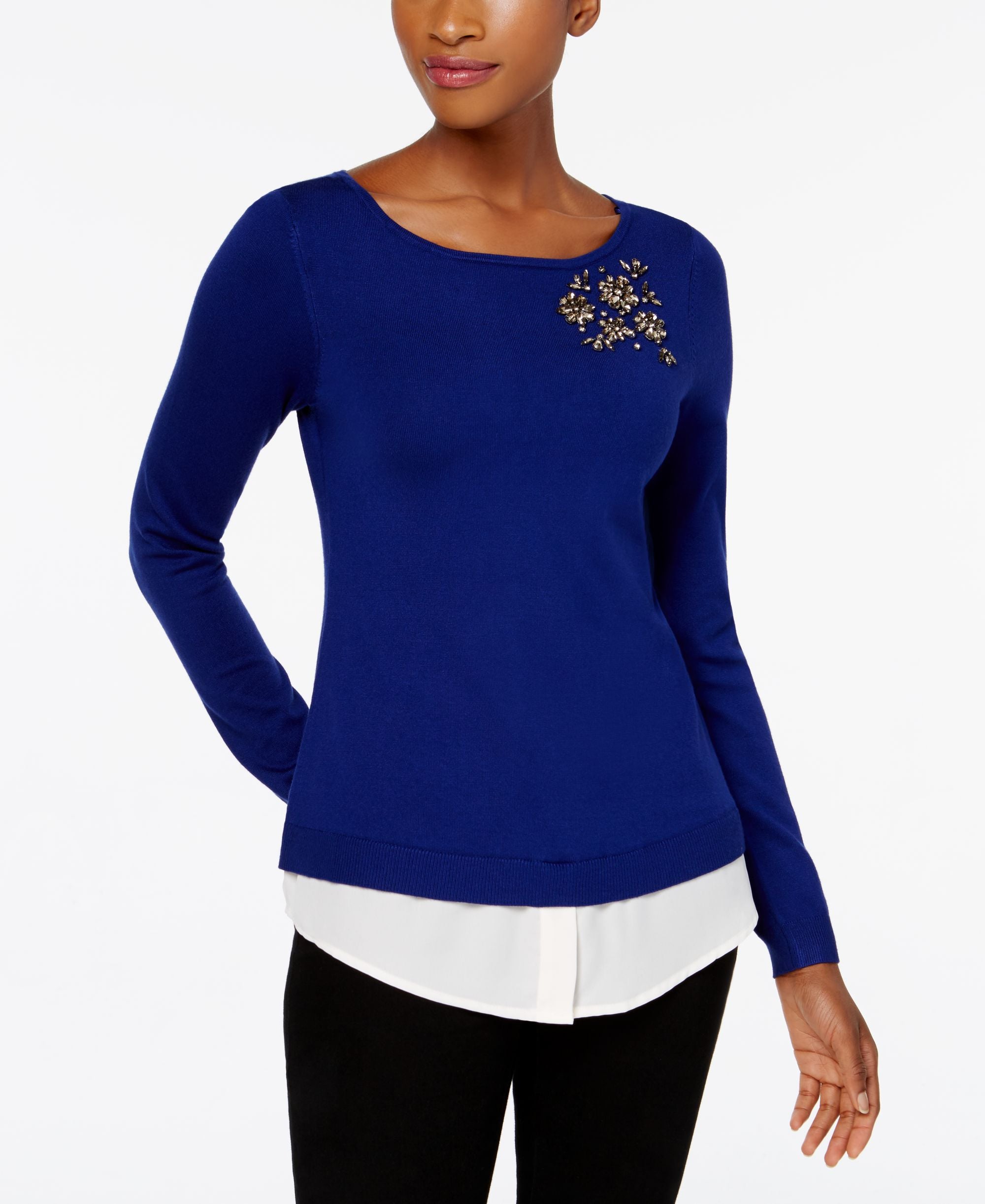 Charter Club Layered Look Brooch Sweater