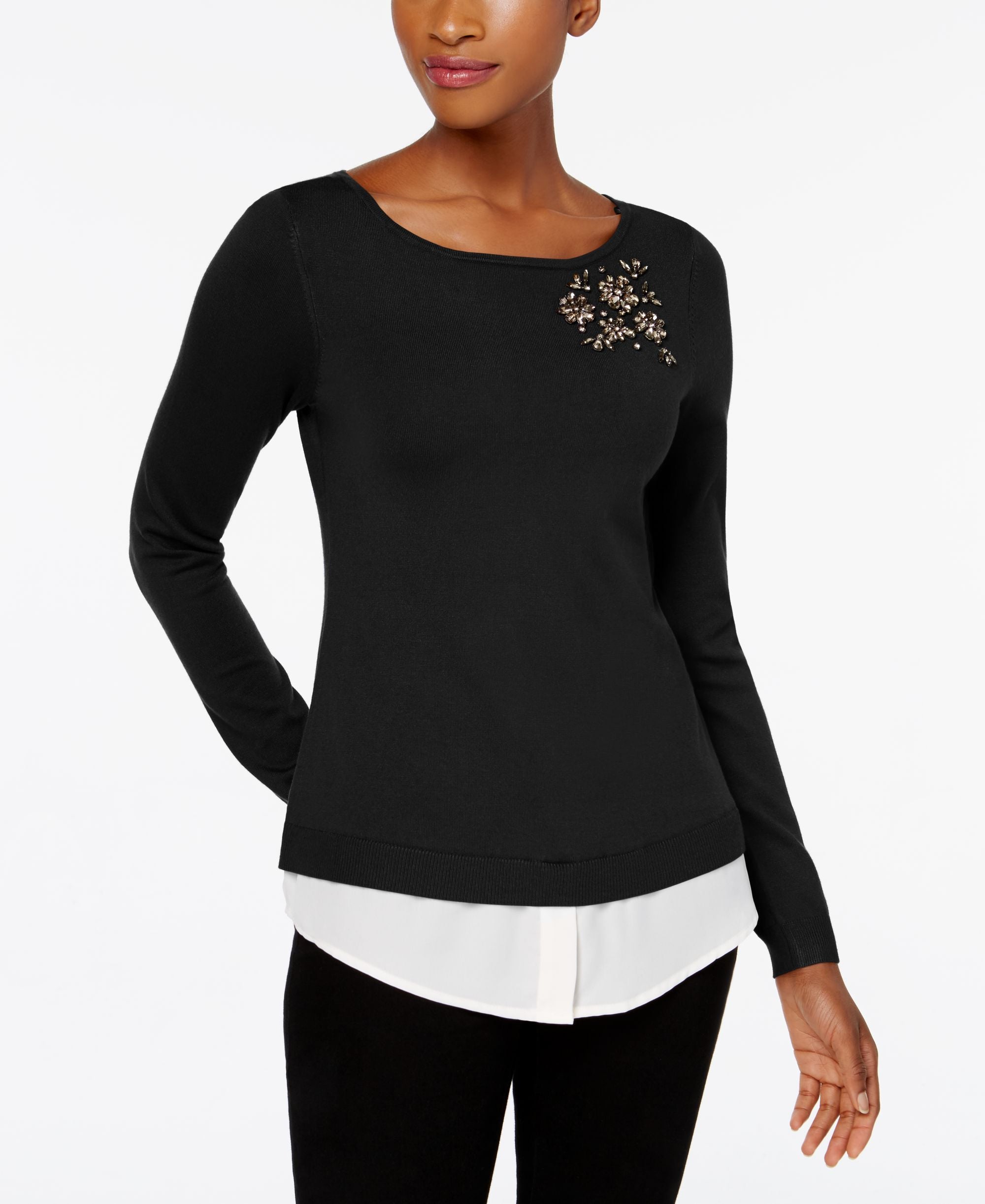 Charter Club Layered Look Brooch Sweater
