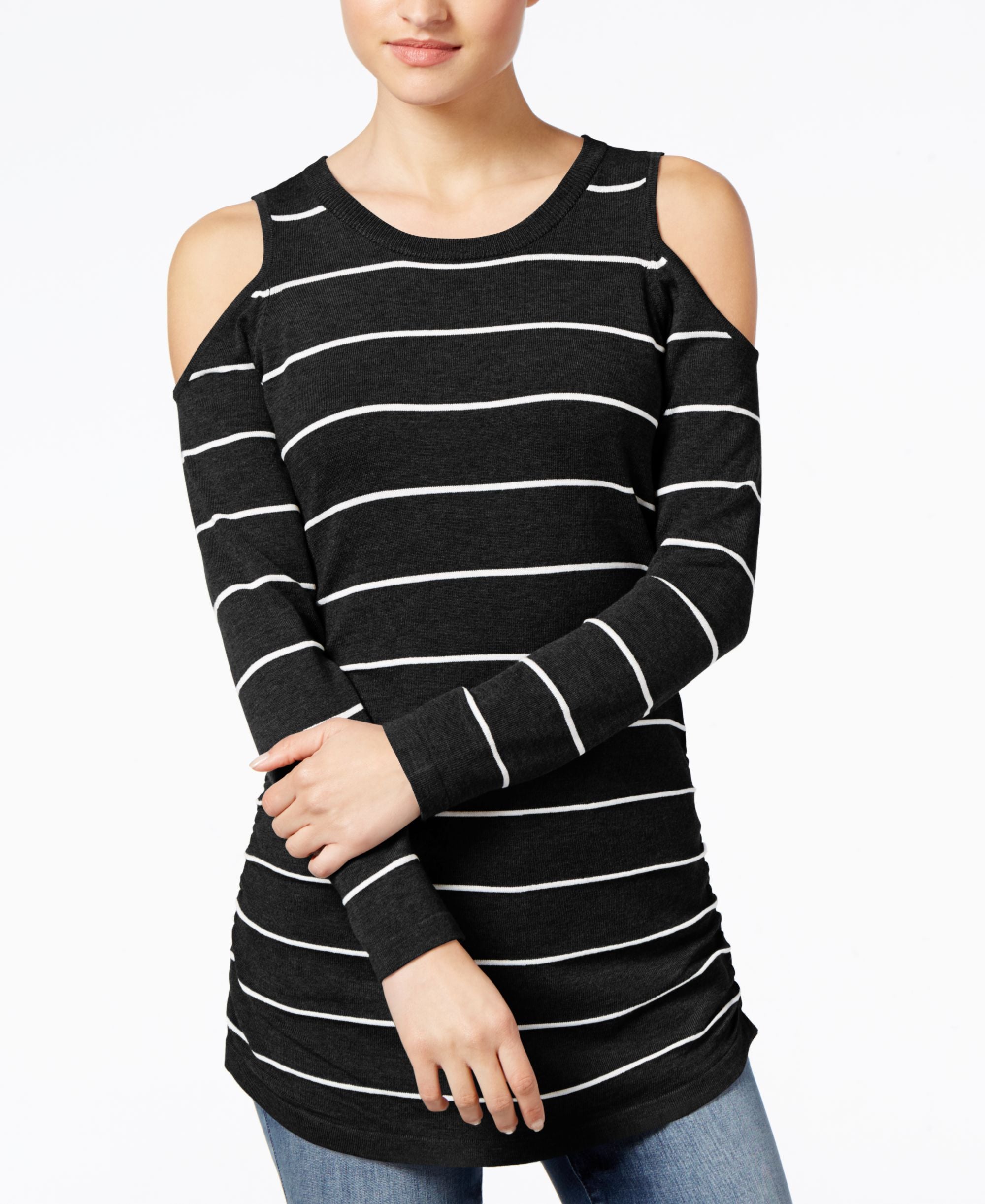 Juniors' Ruched Cold-Shoulder Sweater