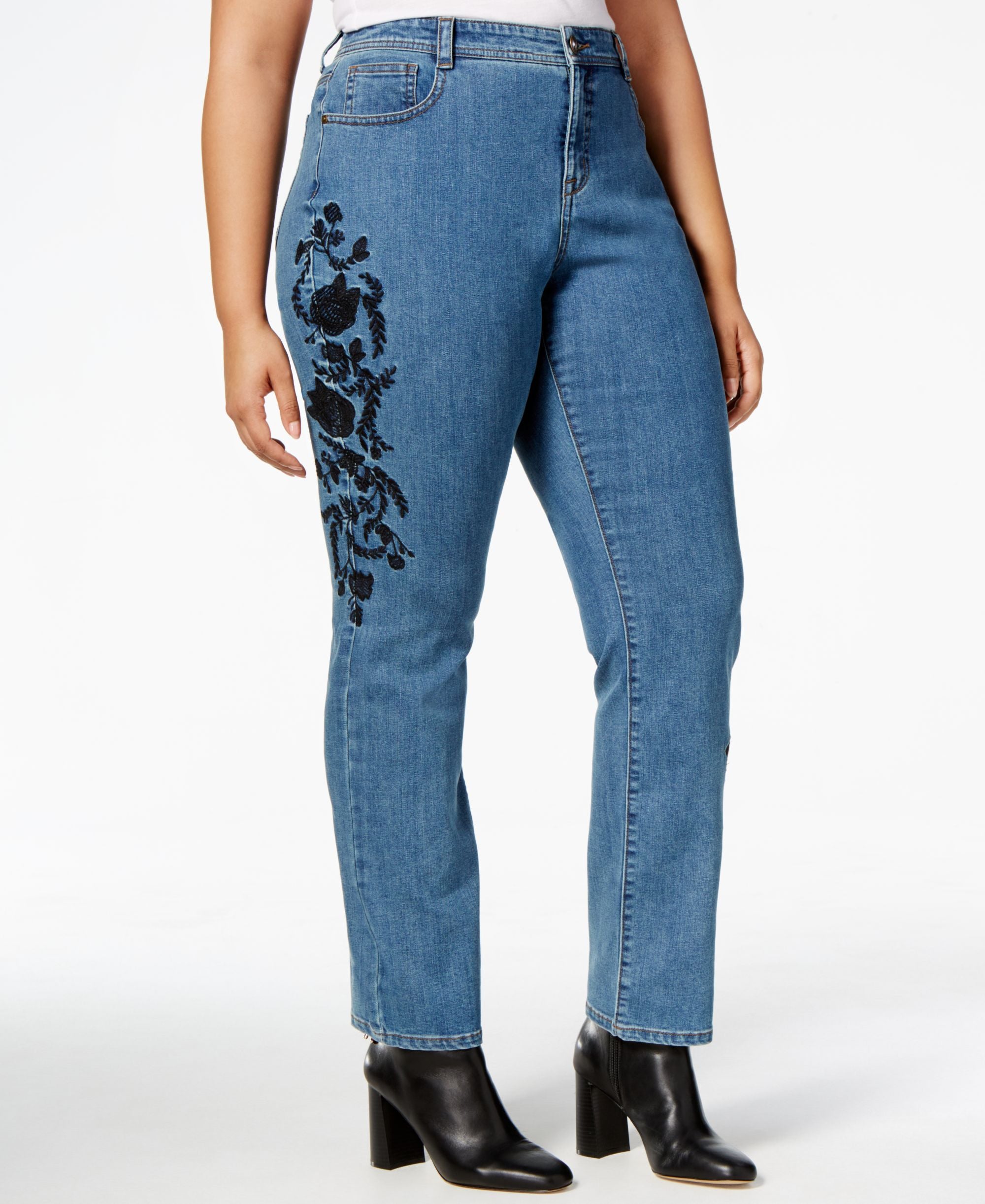 Style & Co Plus Size Tummy Control Embroidered Slim Leg Jeans