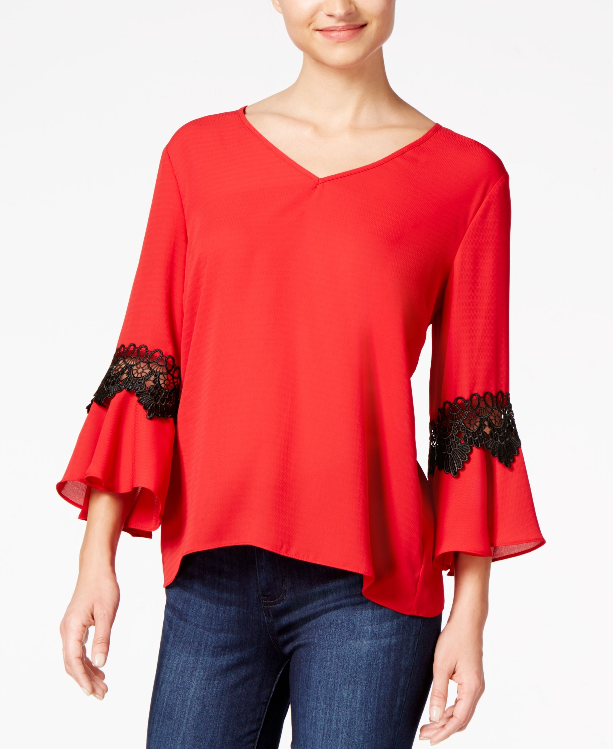 Bcx Juniors Lace Trimmed Bell Sleeved Top