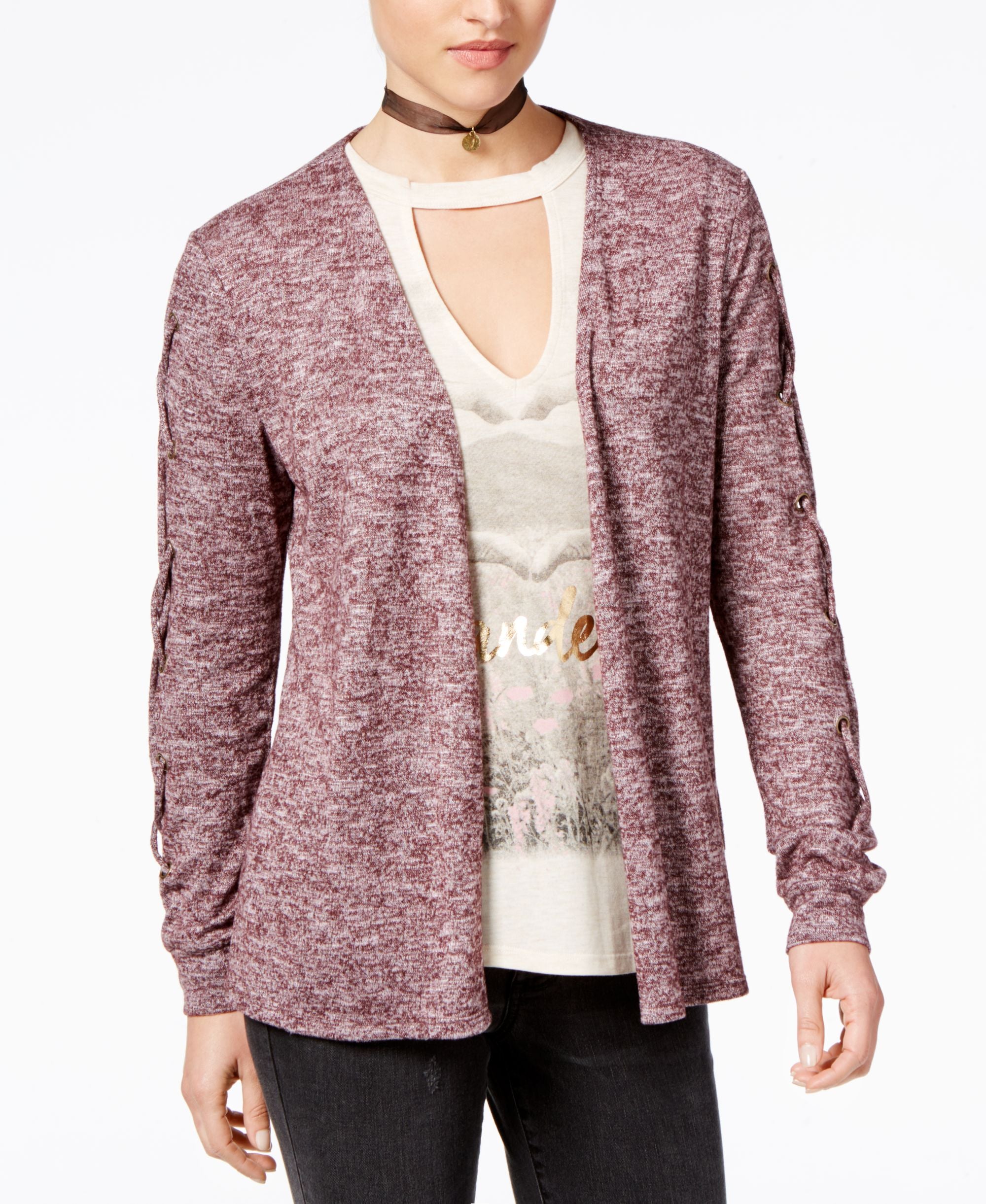 Belle Du Jour Juniors Lace Up Cardigan Graphic T-Shirt Set With Necklace