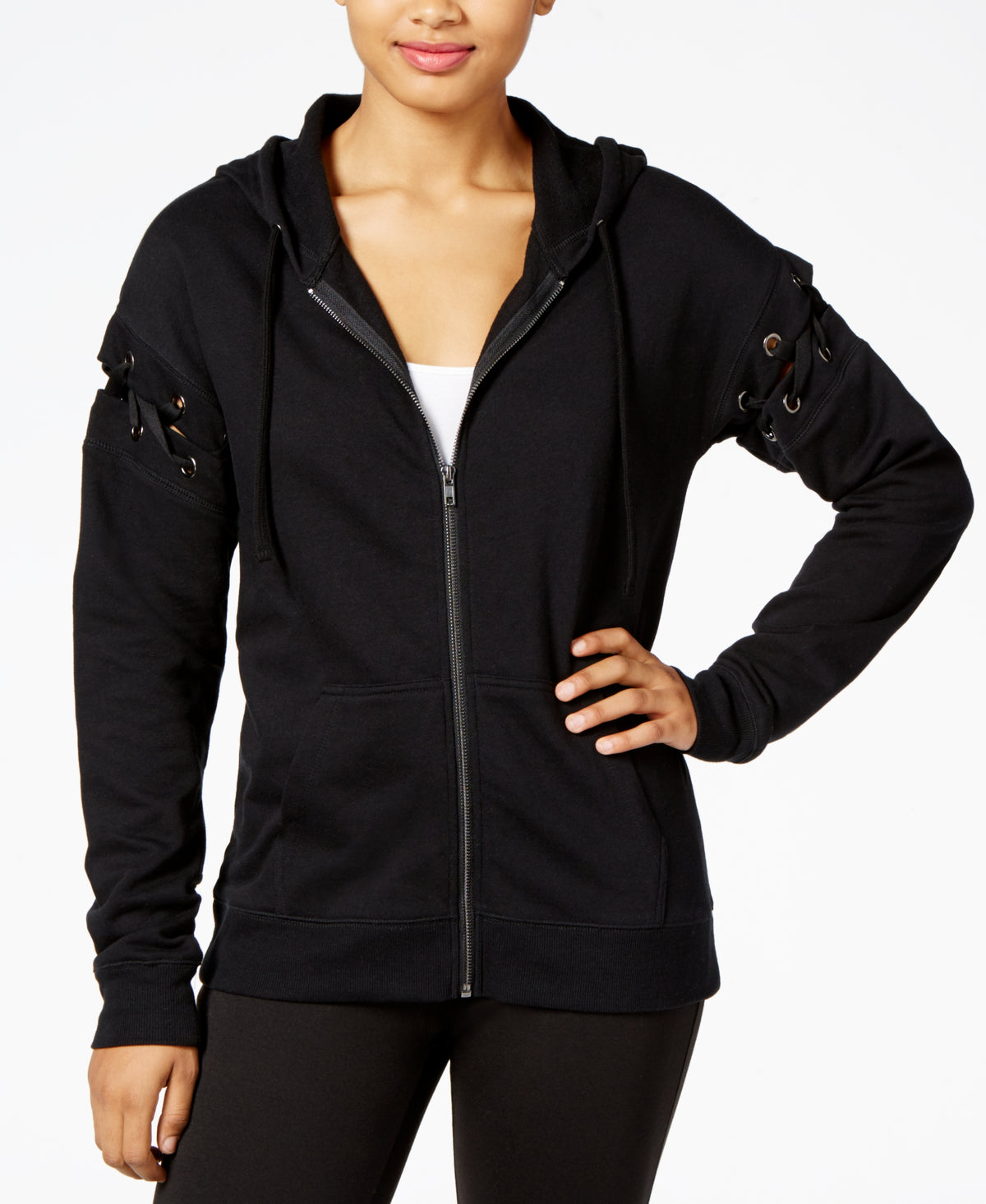 Active Juniors' Lace-Up Zip-Front Hoodie