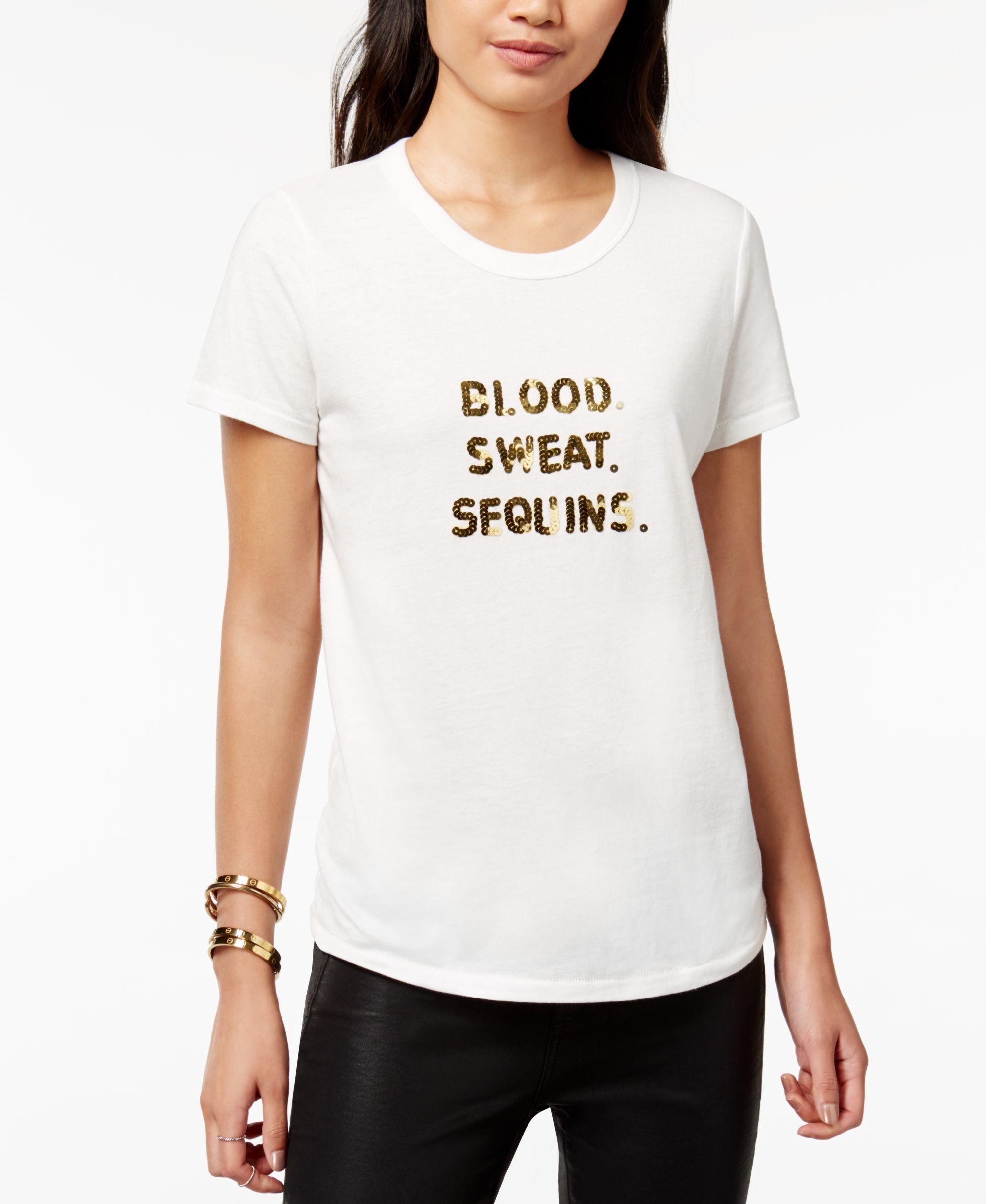 Bow Drape Blood Sweat Sequined Graphic T-Shirt