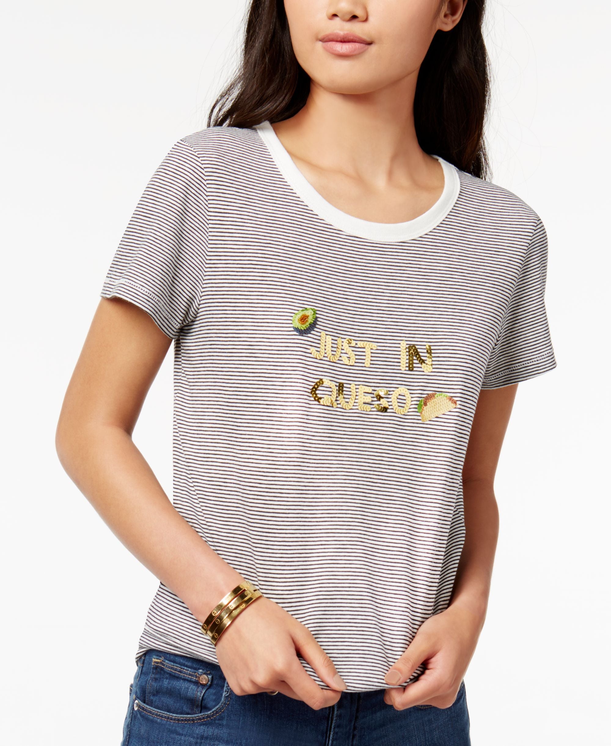 Bow Drape Striped Just In Queso Sequined Graphic T-Shirt