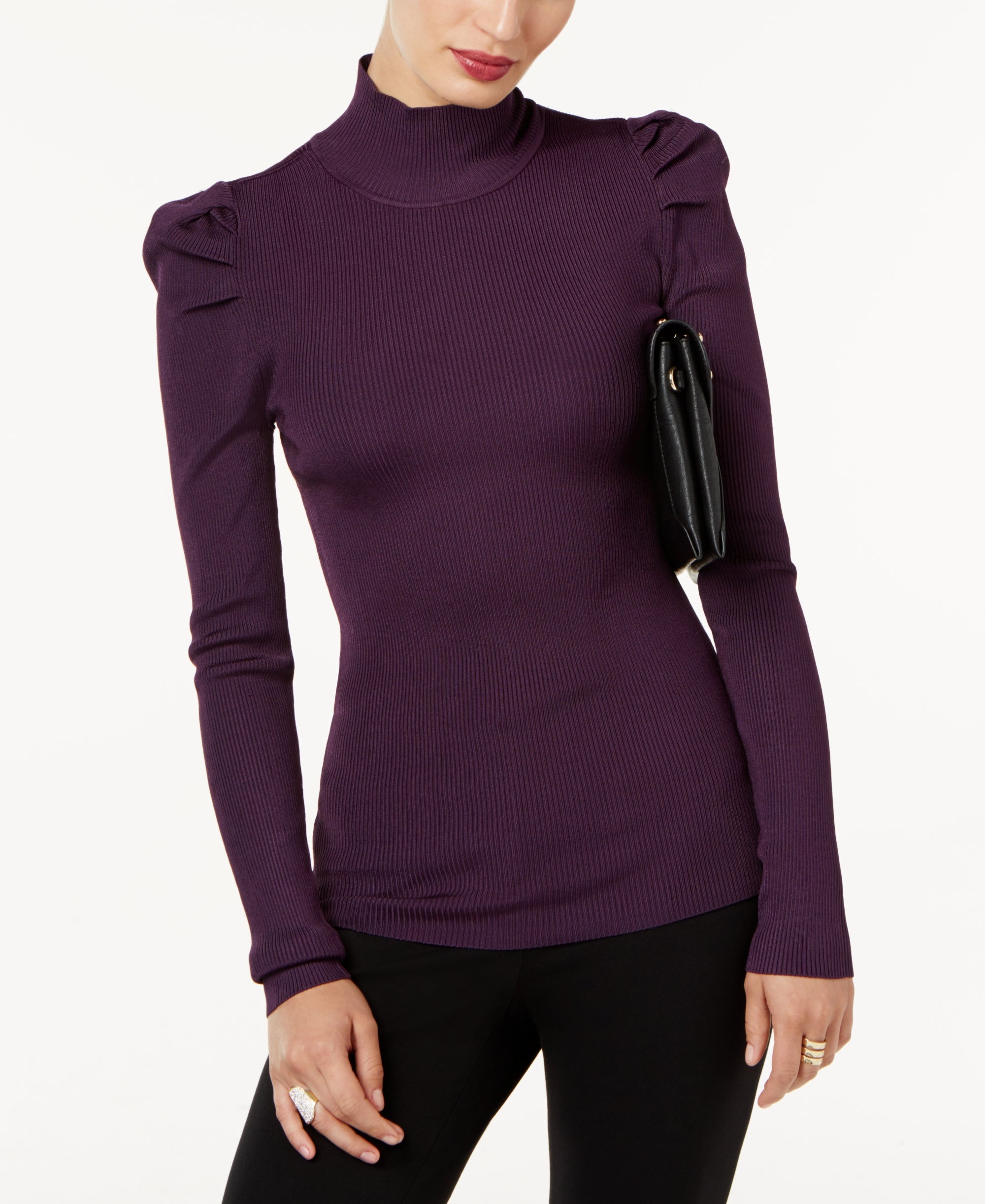 INC International Concepts Ribbed Puffed-Shoulder Top