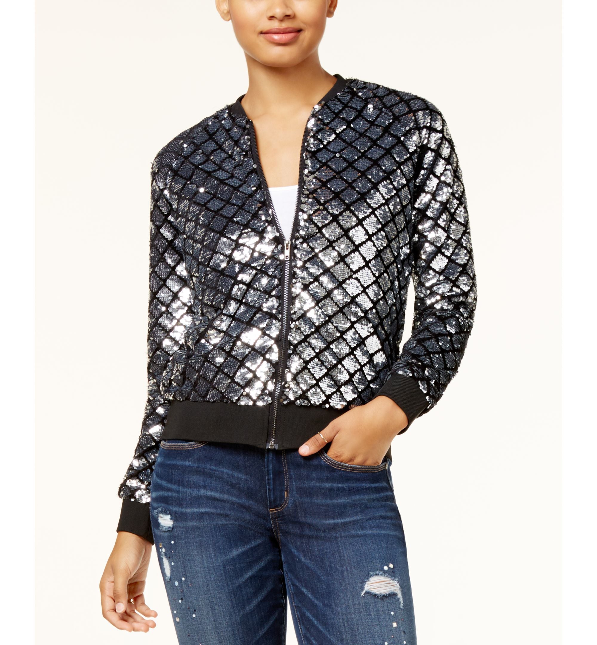 Say What Juniors Sequined Bomber Jacket