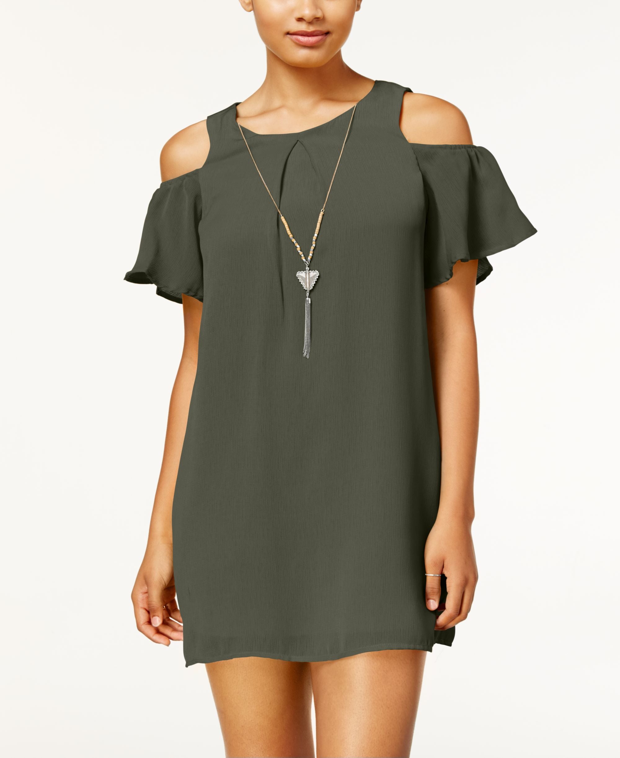 As U Wish Juniors Cold Shoulder Necklace Shift Dress