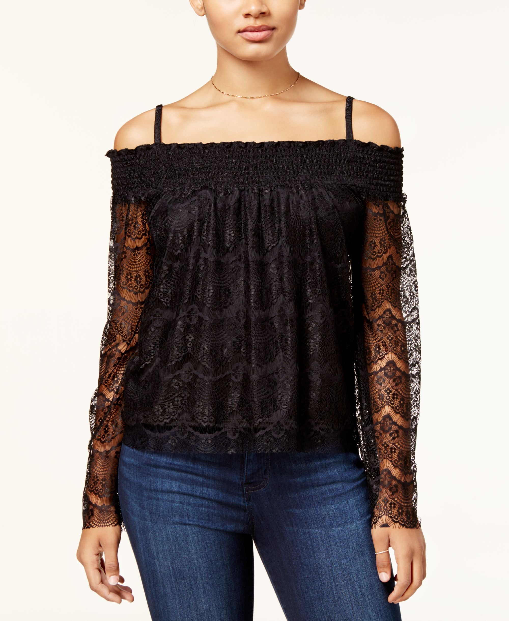 Juniors' Smocked Lace Off-The-Shoulder Top