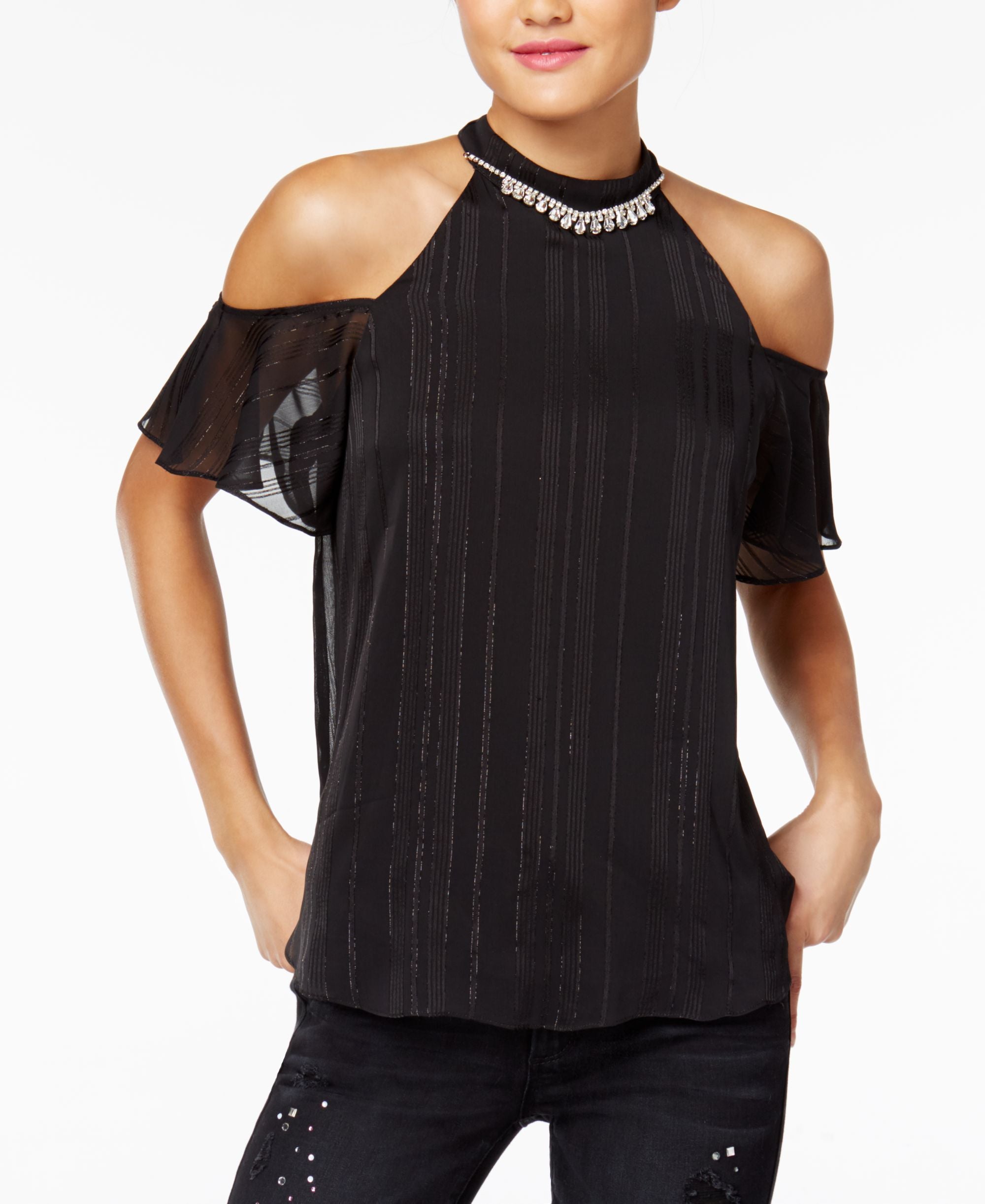 Bcx Juniors Metallic Stripe Rhinestone Cold Shoulder Top