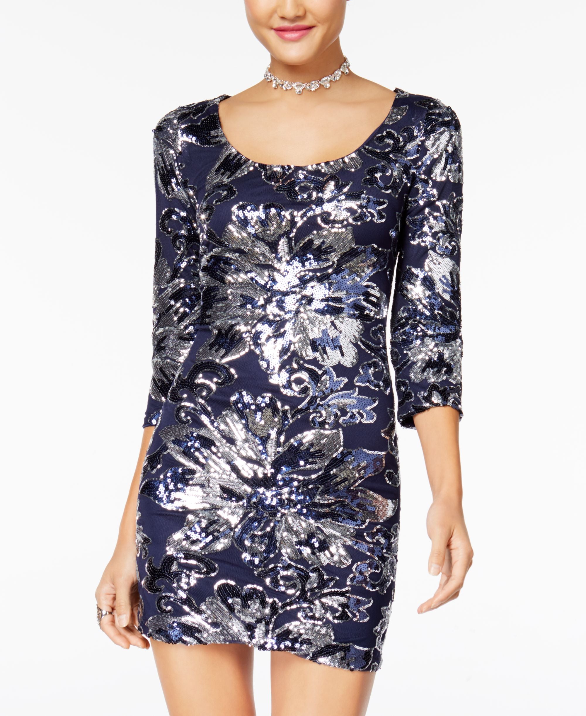 Juniors' Floral Sequined Bodycon Dress